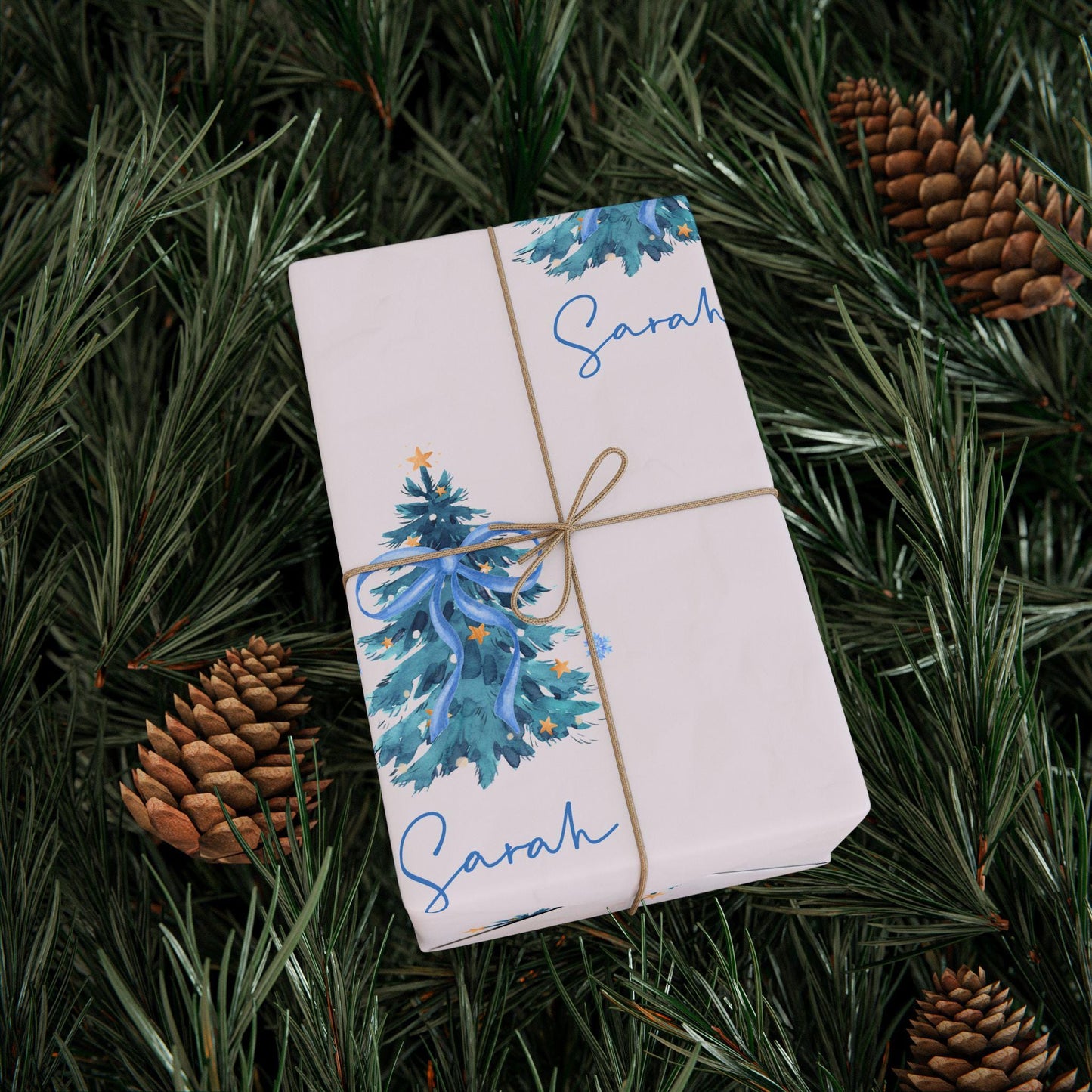 Personalized Blue Christmas Tree Wrapping Paper