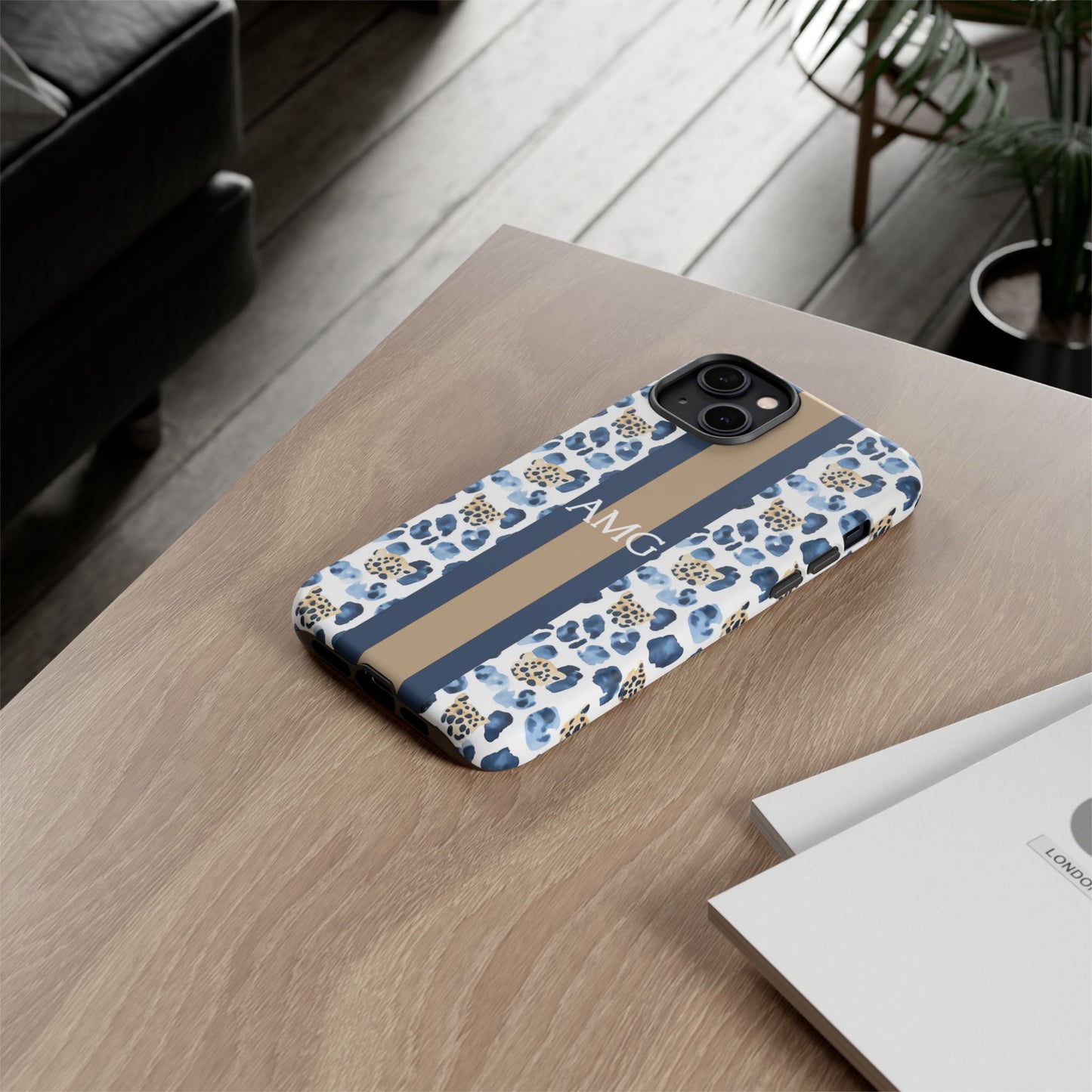 Blue Leopard Monogram Phone Case