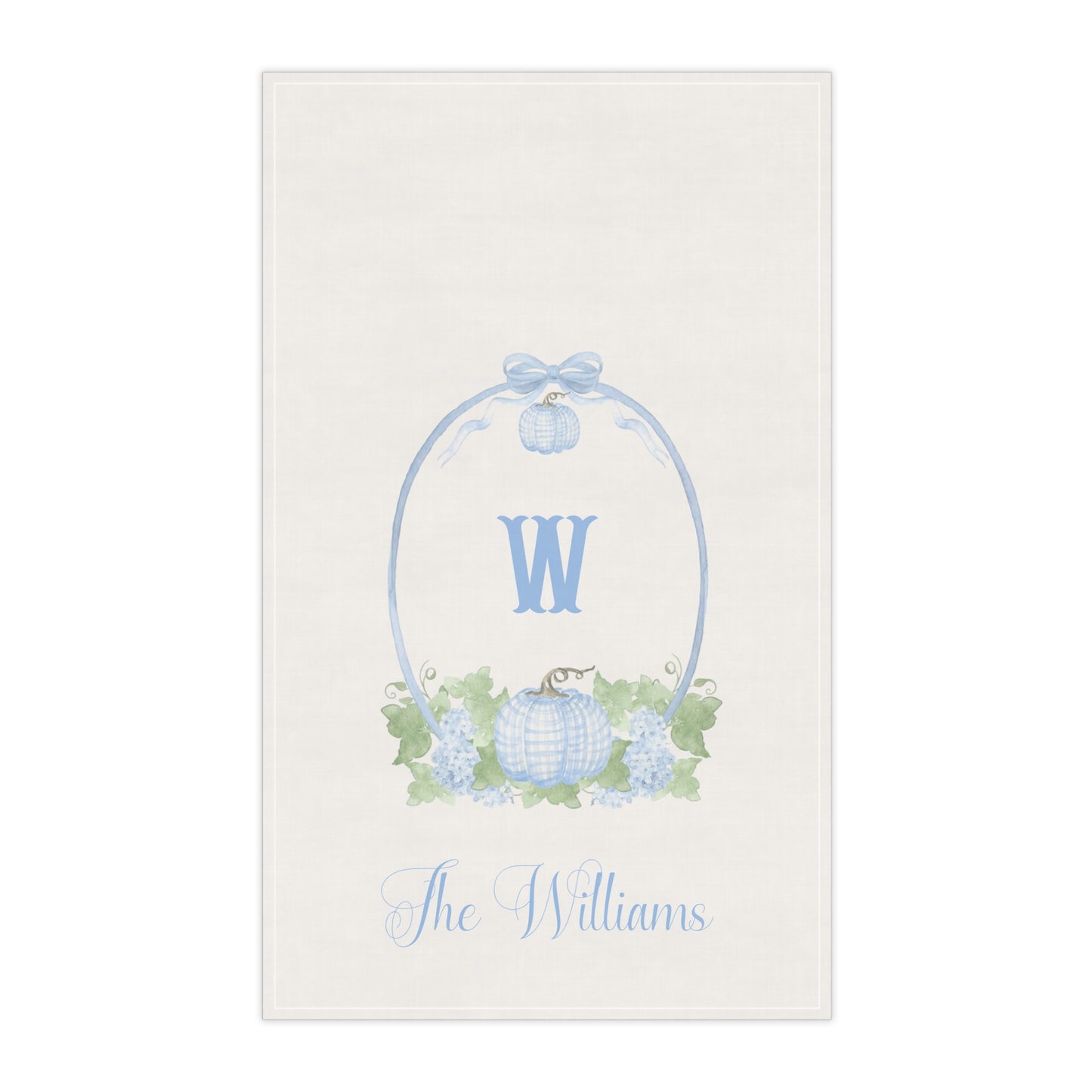 Blue Monogram Pumpkin Wreath Tea Towel | Personalized Kitchen Towel