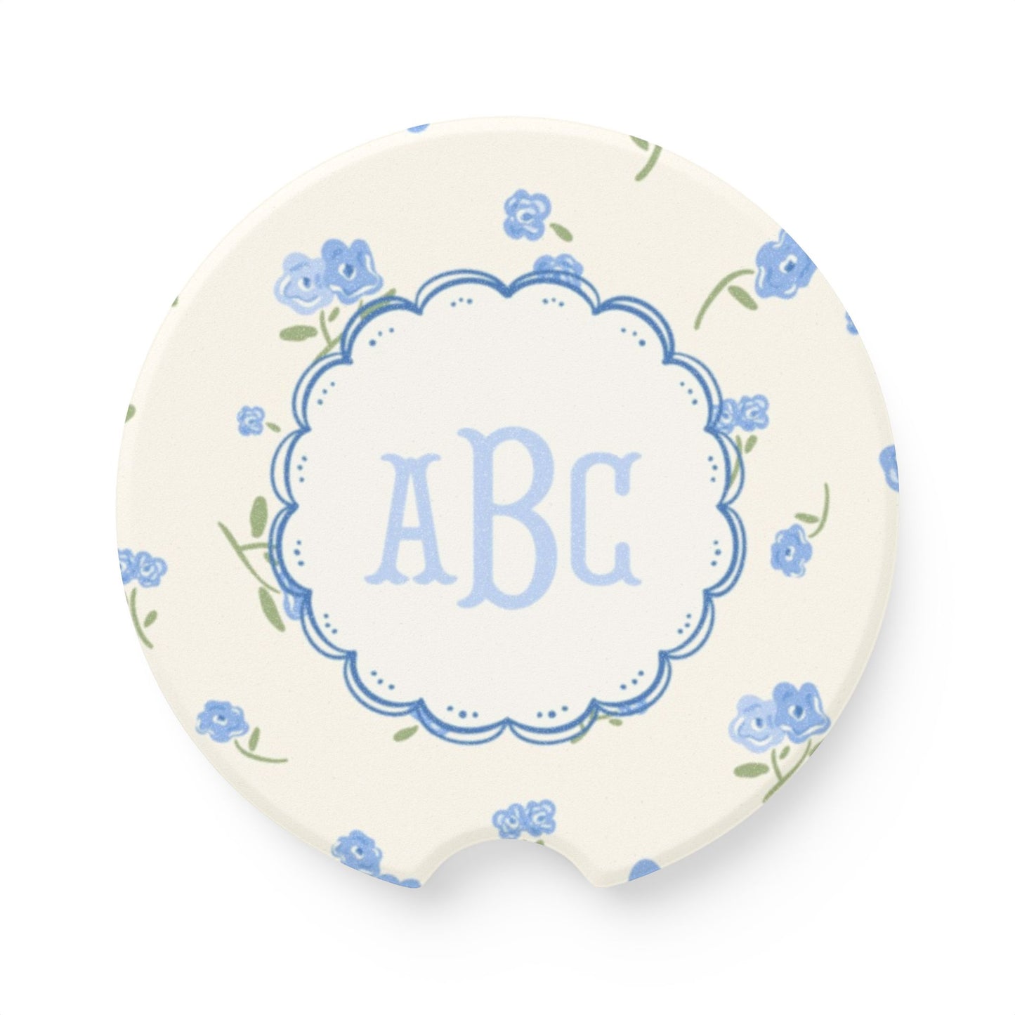 Blue Floral Monogram Car Coaster | Soapstone Drink Holder