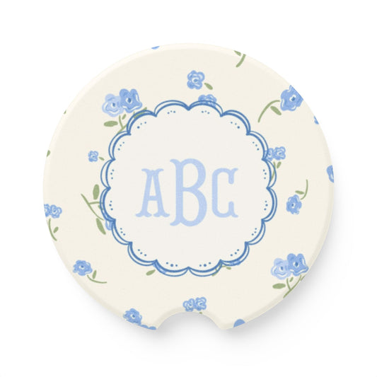 Blue Floral Monogram Car Coaster | Soapstone Drink Holder
