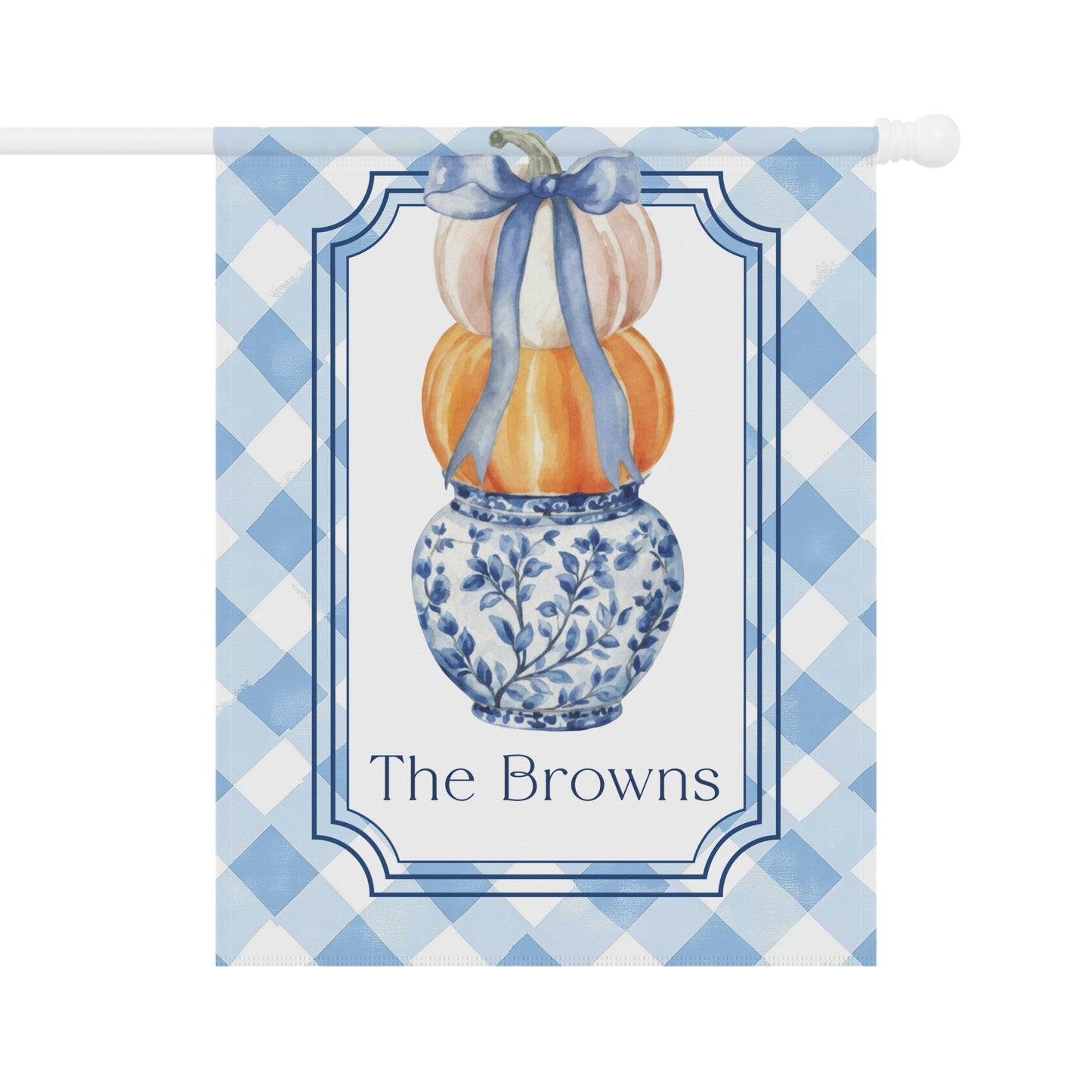 Blue Gingham Pumpkin Stack Garden Flag | House Banner