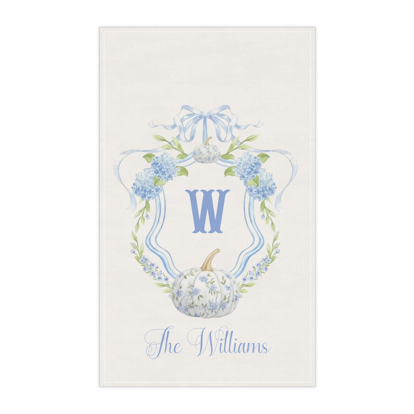 Blue Hydrangea Monogram W Pumpkin Tea Towel | Personalized Kitchen Towel
