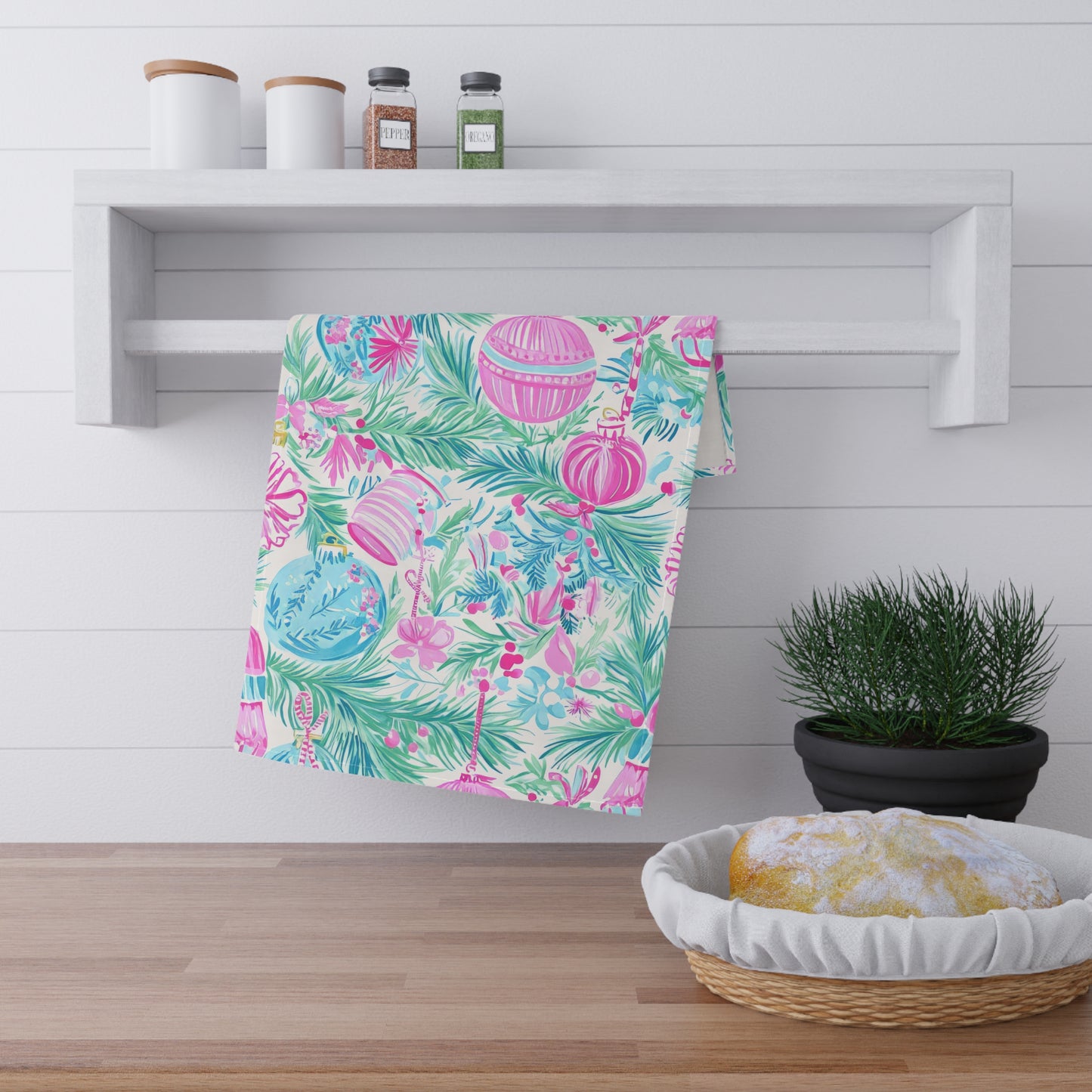 Pink Blue Holiday Ornaments Tea Towel | Tropical Pine Branches