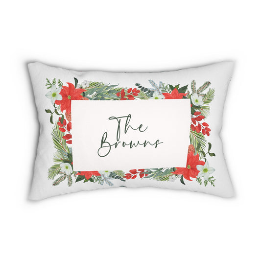 Christmas Floral Wreath Lumbar Pillow | Plaid Back