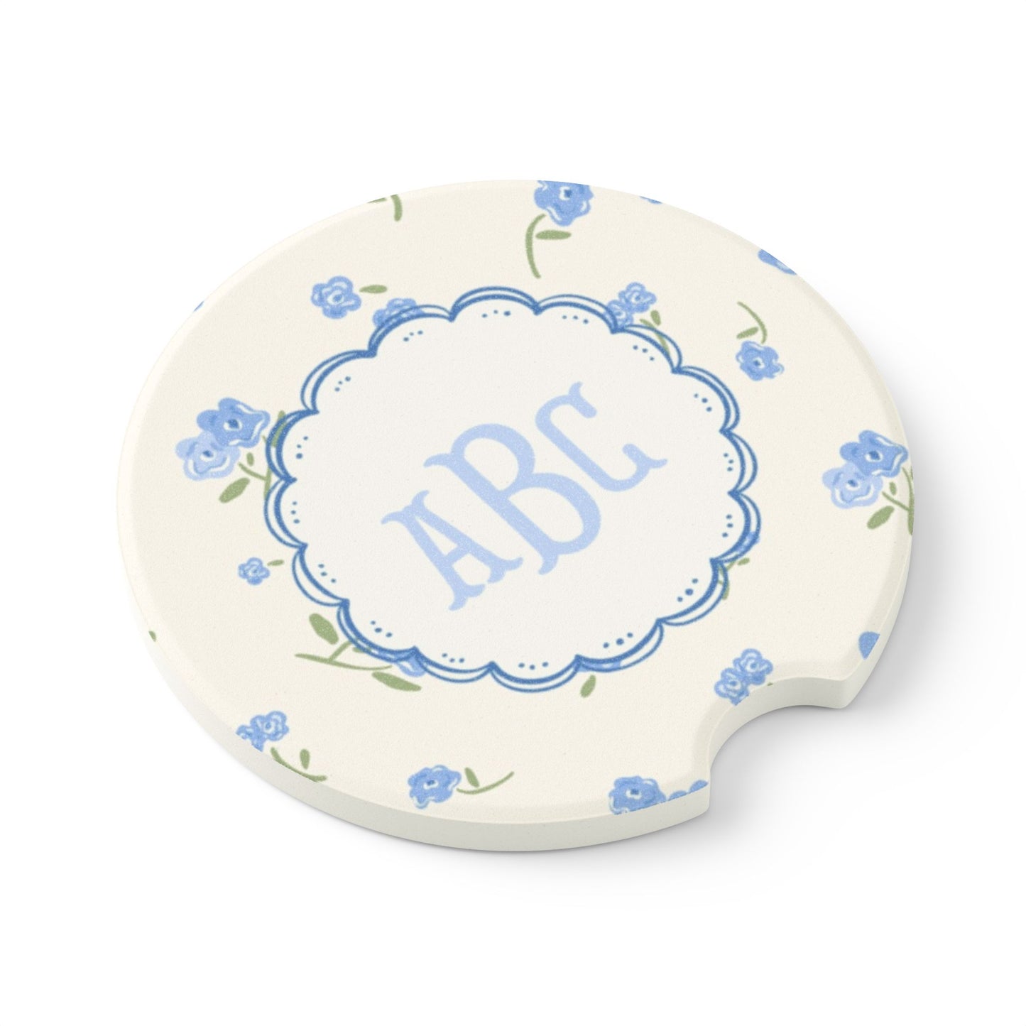 Blue Floral Monogram Car Coaster | Soapstone Drink Holder