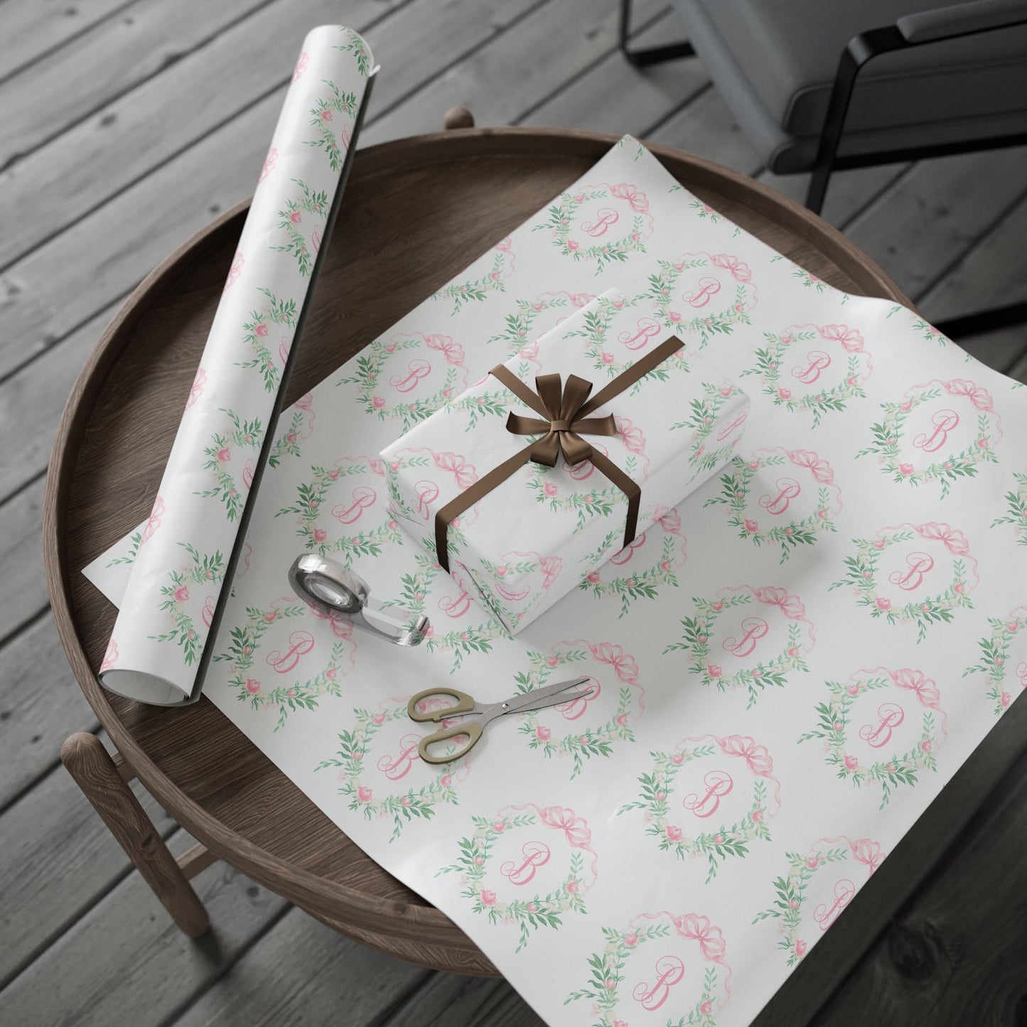 Pink Peony Monogram Crest Wrapping Paper