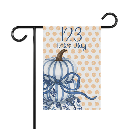 Blue Striped Pumpkin House Number Garden Banner | Polka Dot Fall Porch Flag