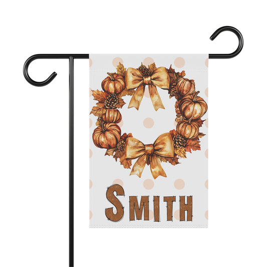 Personalized Fall Pumpkin Wreath Garden Flag Custom Name Autumn Outdoor Yard Decor, Polka Dot Thanksgiving Porch Decoration