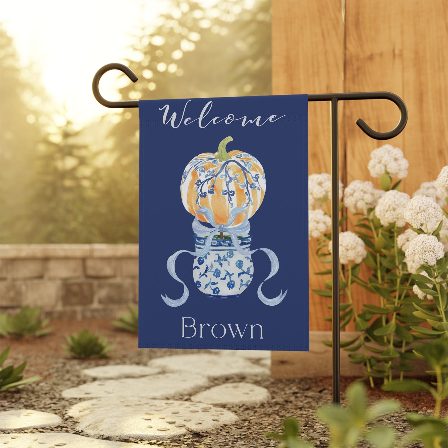 Blue Chinoiserie Pumpkin Welcome Garden Flag