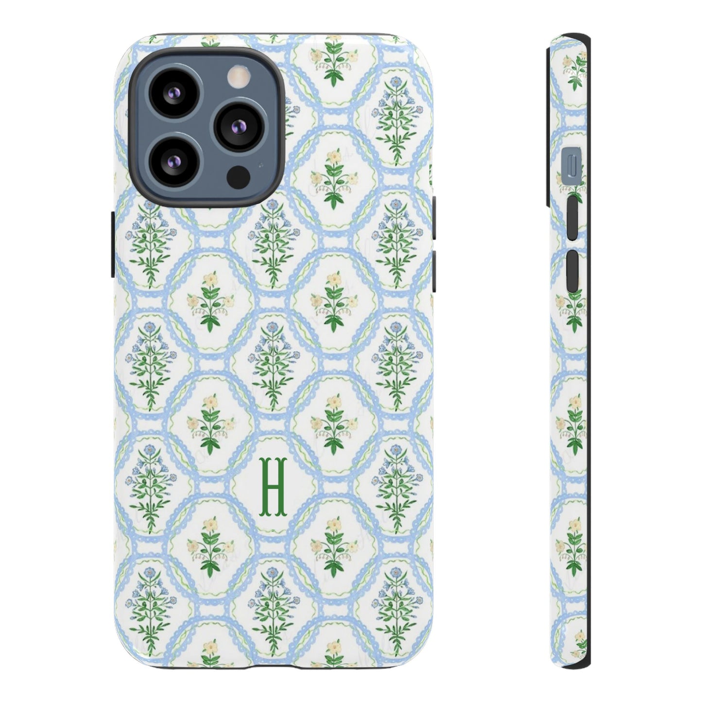 Blue Floral Motif Monogram Phone Case Personalized