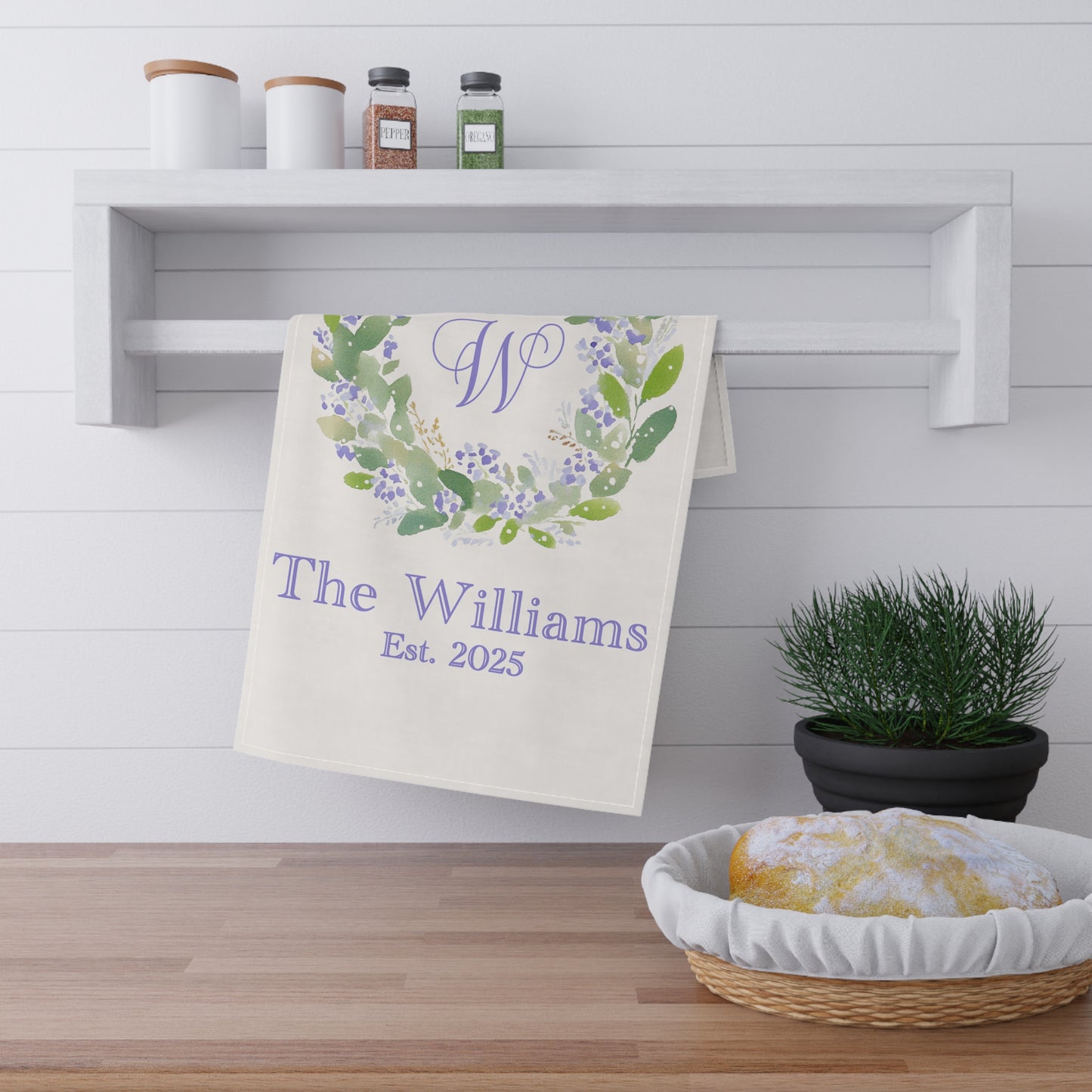 Personalized Watercolor Wreath Tea Towel