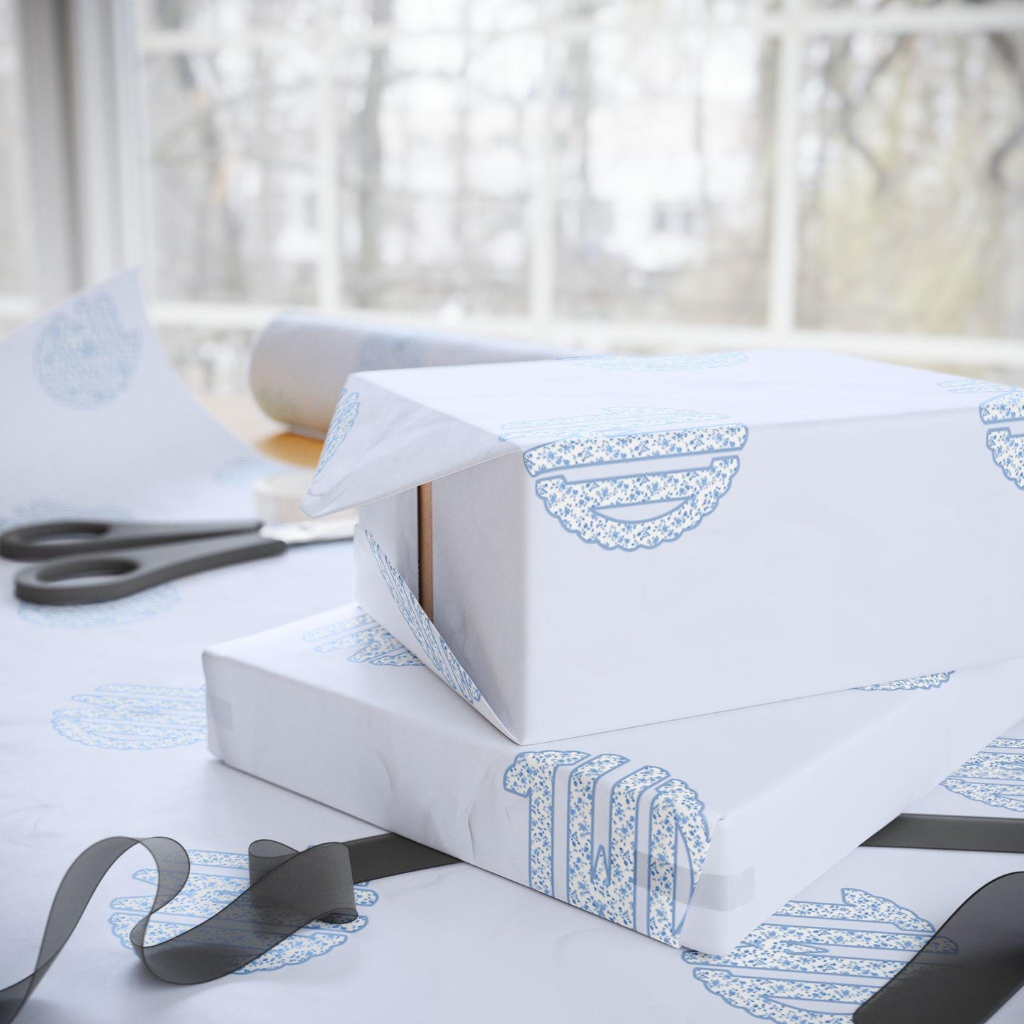 Custom Blue Monogram Wrapping Paper