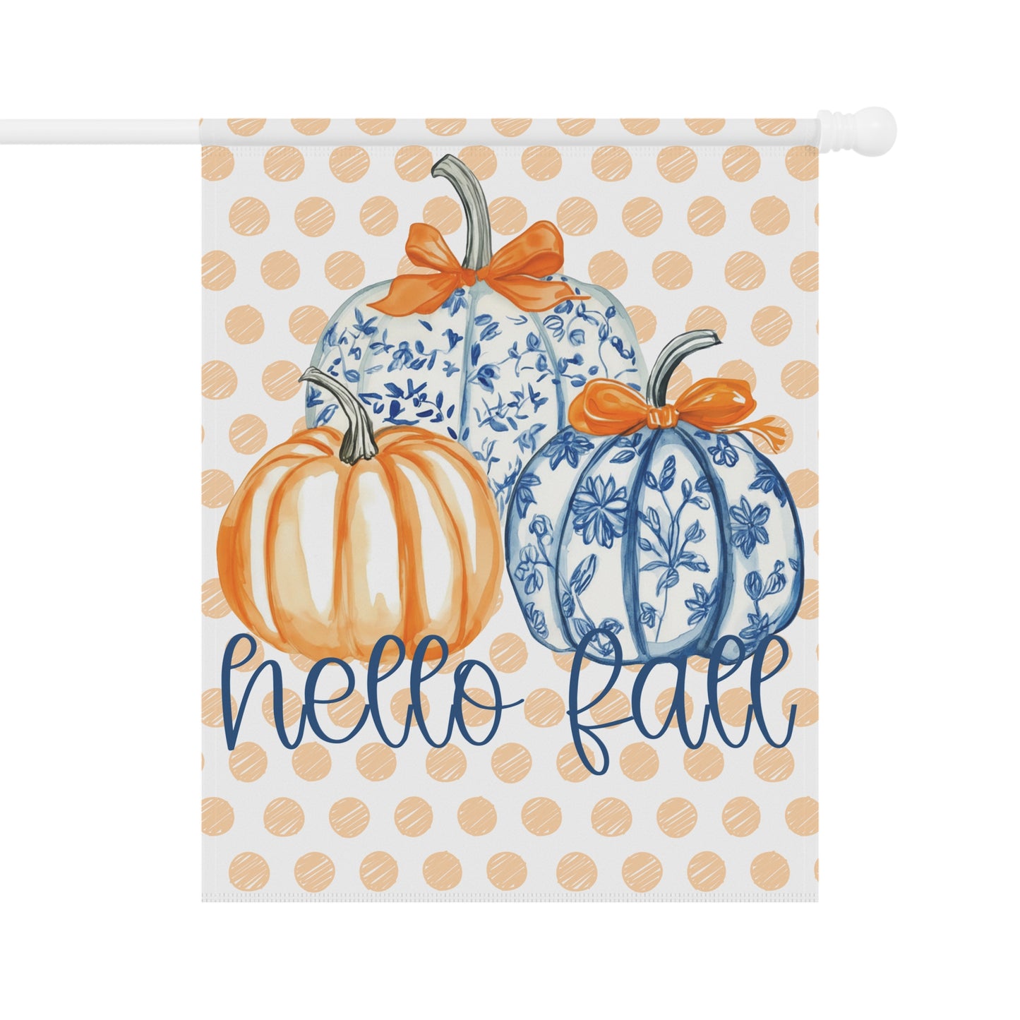 Hello Fall Pumpkin Garden Flag | Polka Dot Blue Orange Fall Yard Banner
