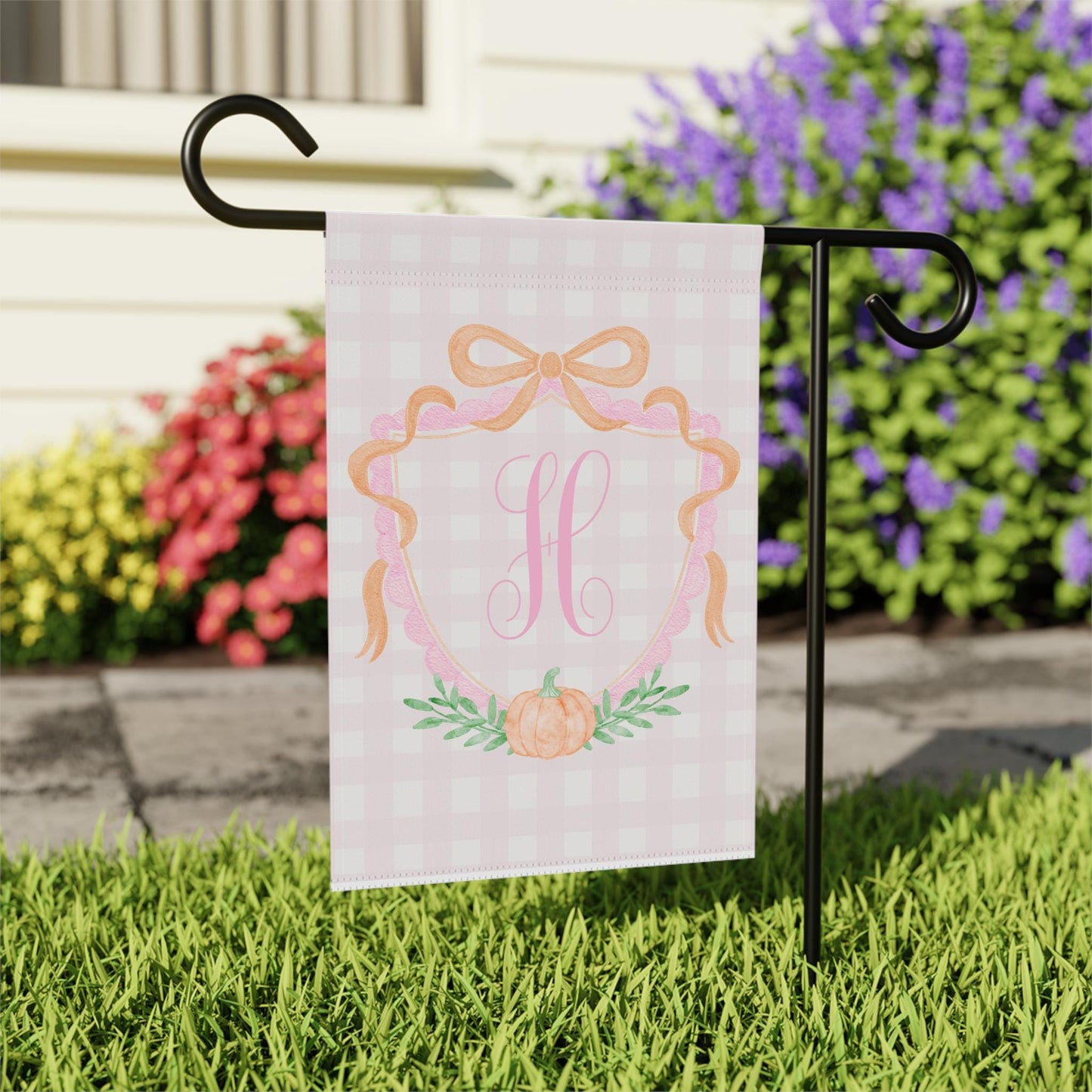 Personalized Pink Gingham Fall Garden Flag