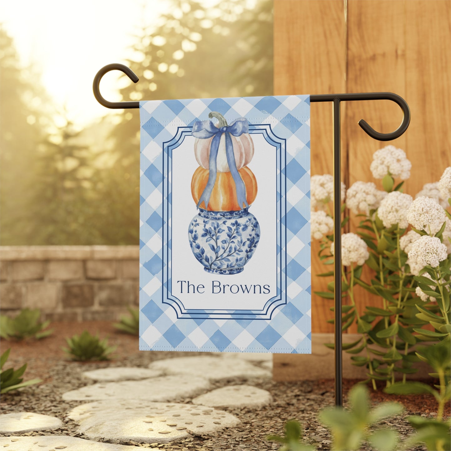 Blue Gingham Pumpkin Stack Garden Flag | House Banner