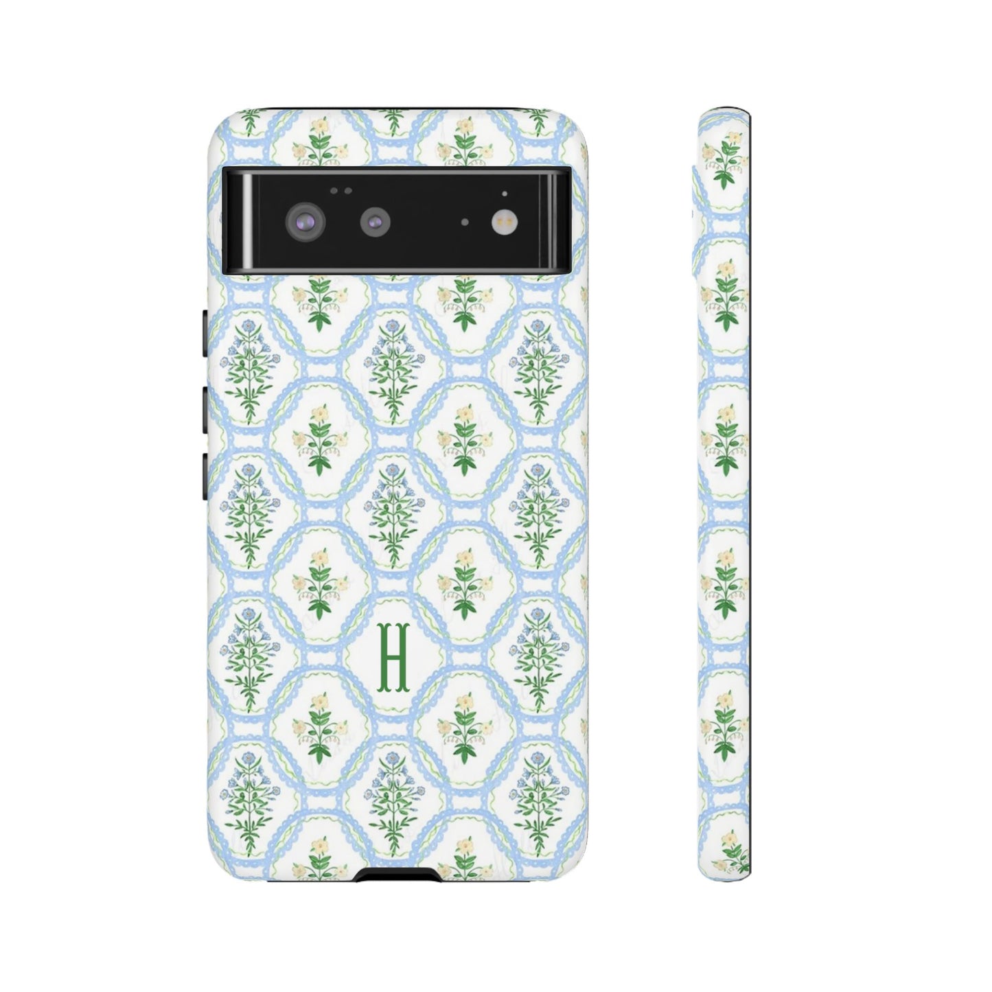 Blue Floral Motif Monogram Phone Case Personalized