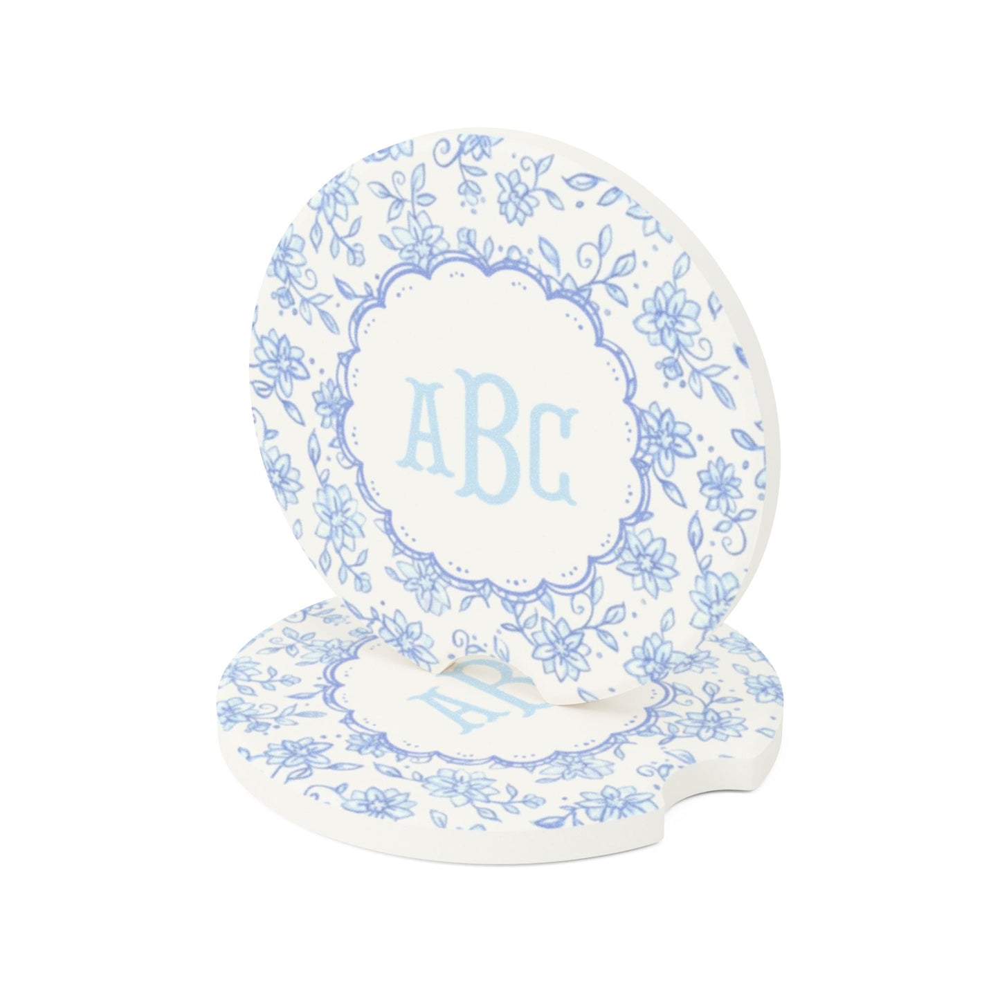 Blue Floral Monogram Soapstone Car Coaster