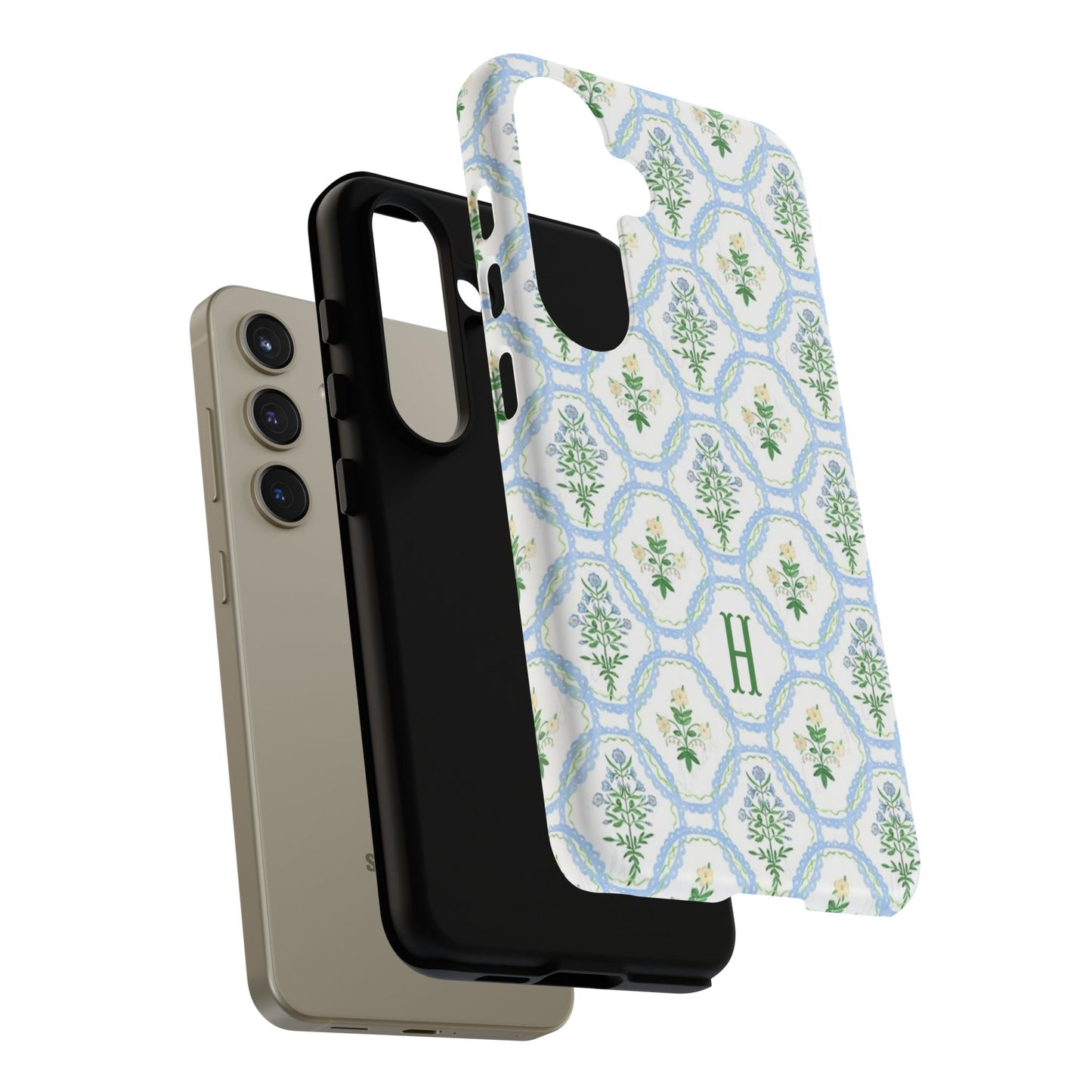 Blue Floral Motif Monogram Phone Case Personalized