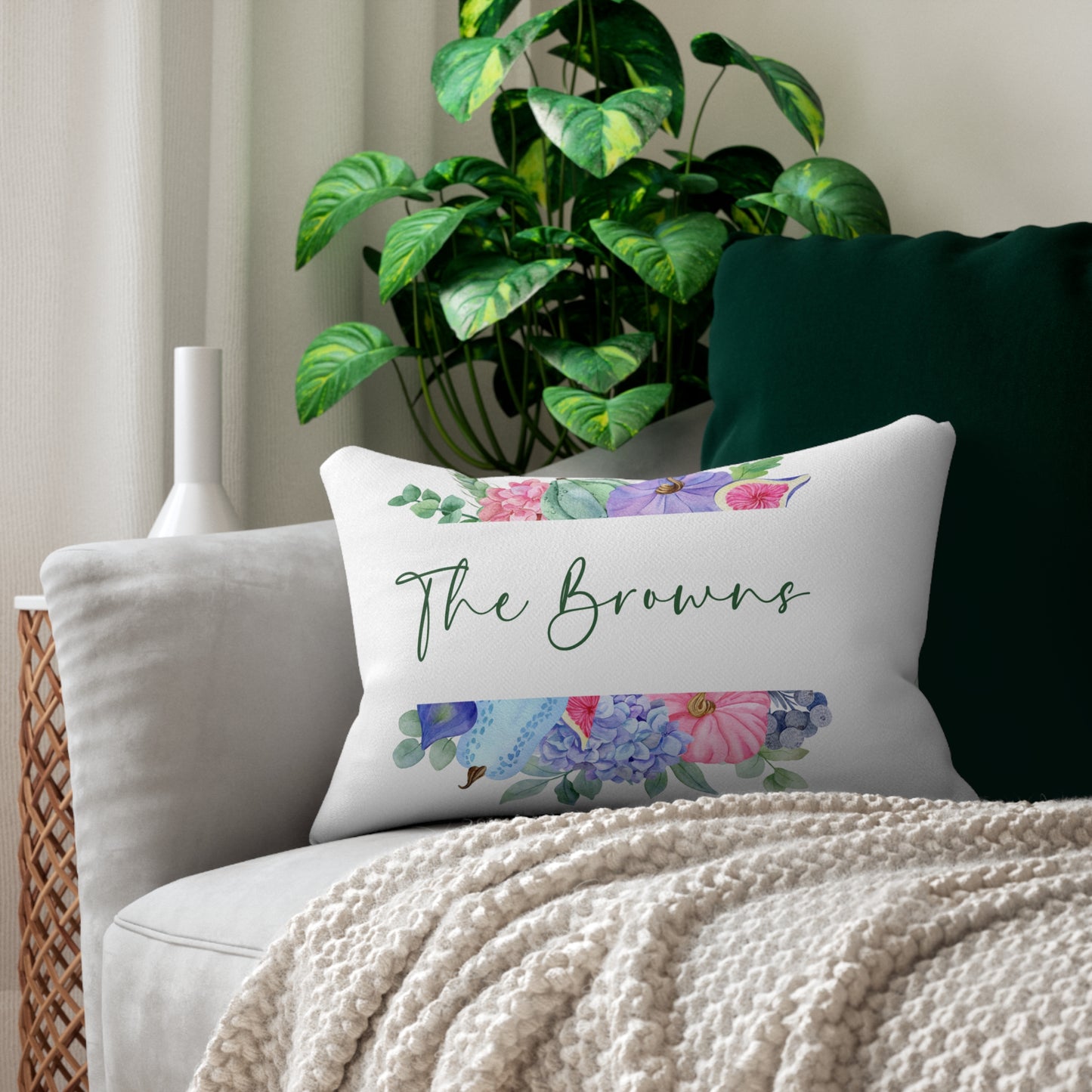 Floral Watercolor Name Script Lumbar Pillow