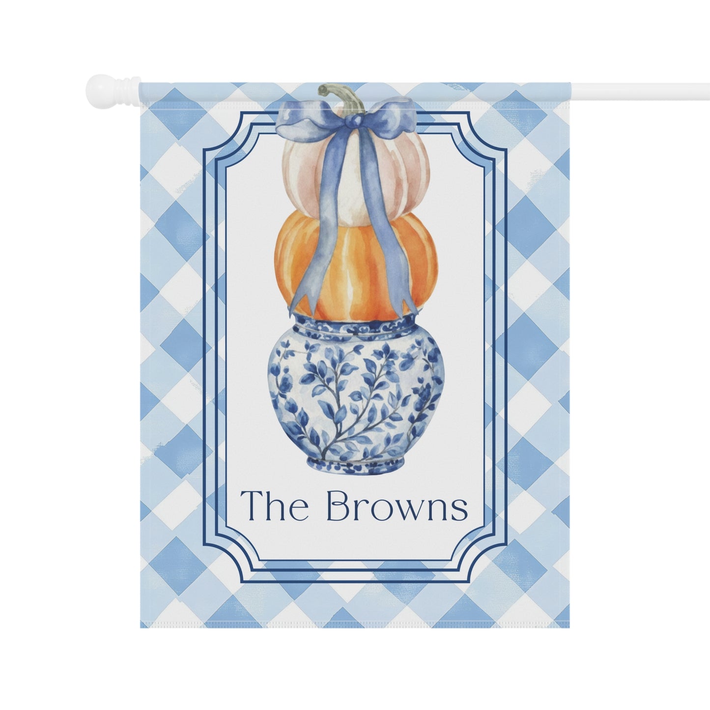 Blue Gingham Pumpkin Stack Garden Flag | House Banner