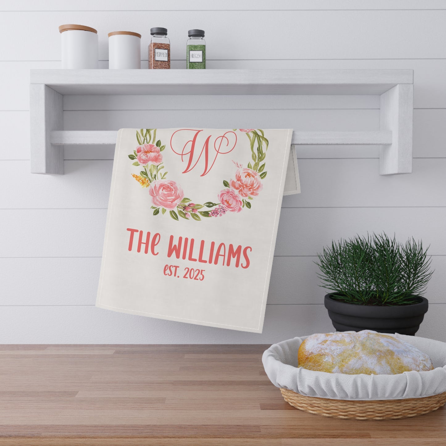 Personalized Floral Wreath Monogram Tea Towel