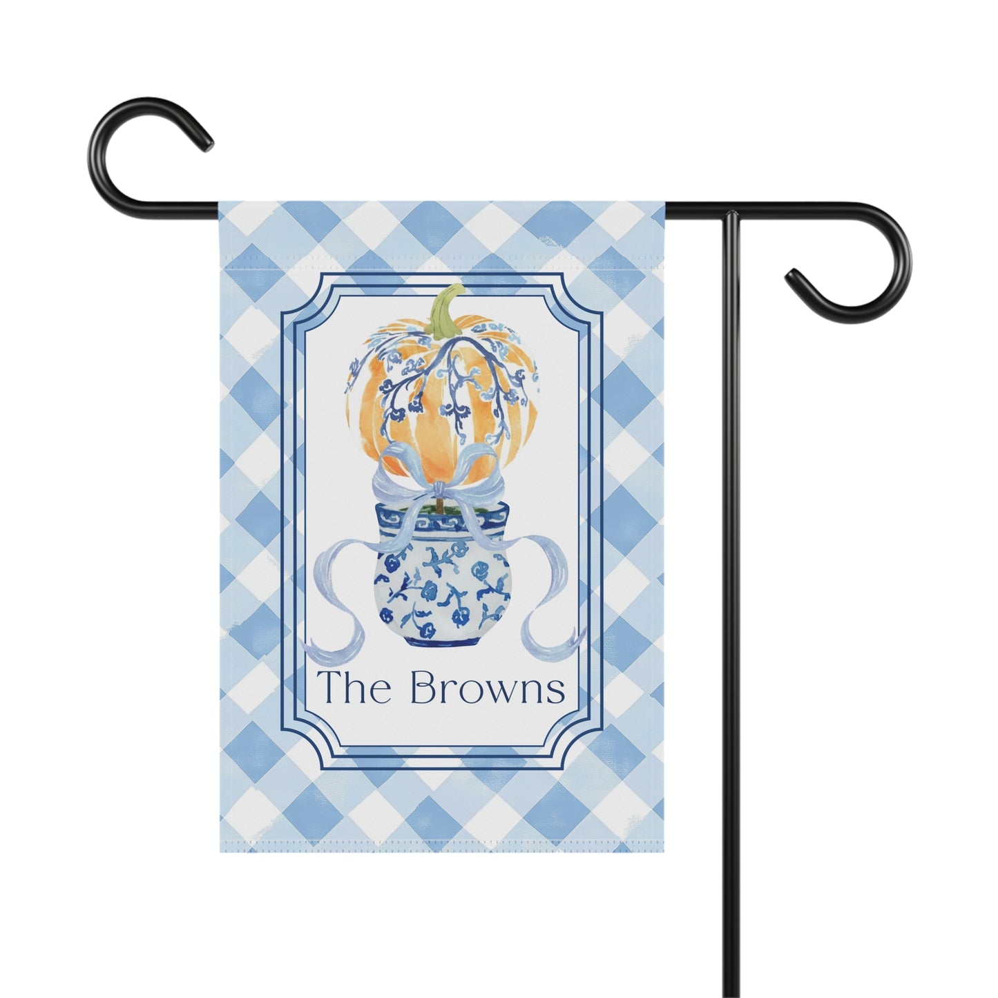 Blue Gingham Pumpkin in Blue Willow Vase Garden Flag | House Banner, Personalized Name