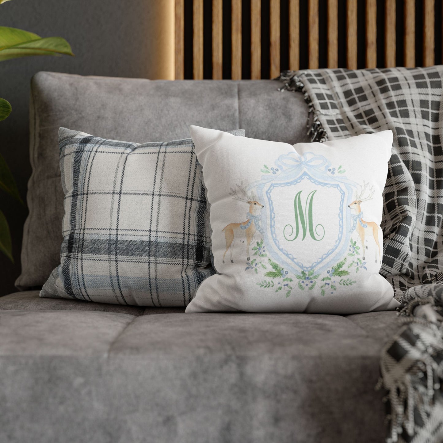 Monogram M Crest Pillowcase, Deer Wreath Accent Pillowcase