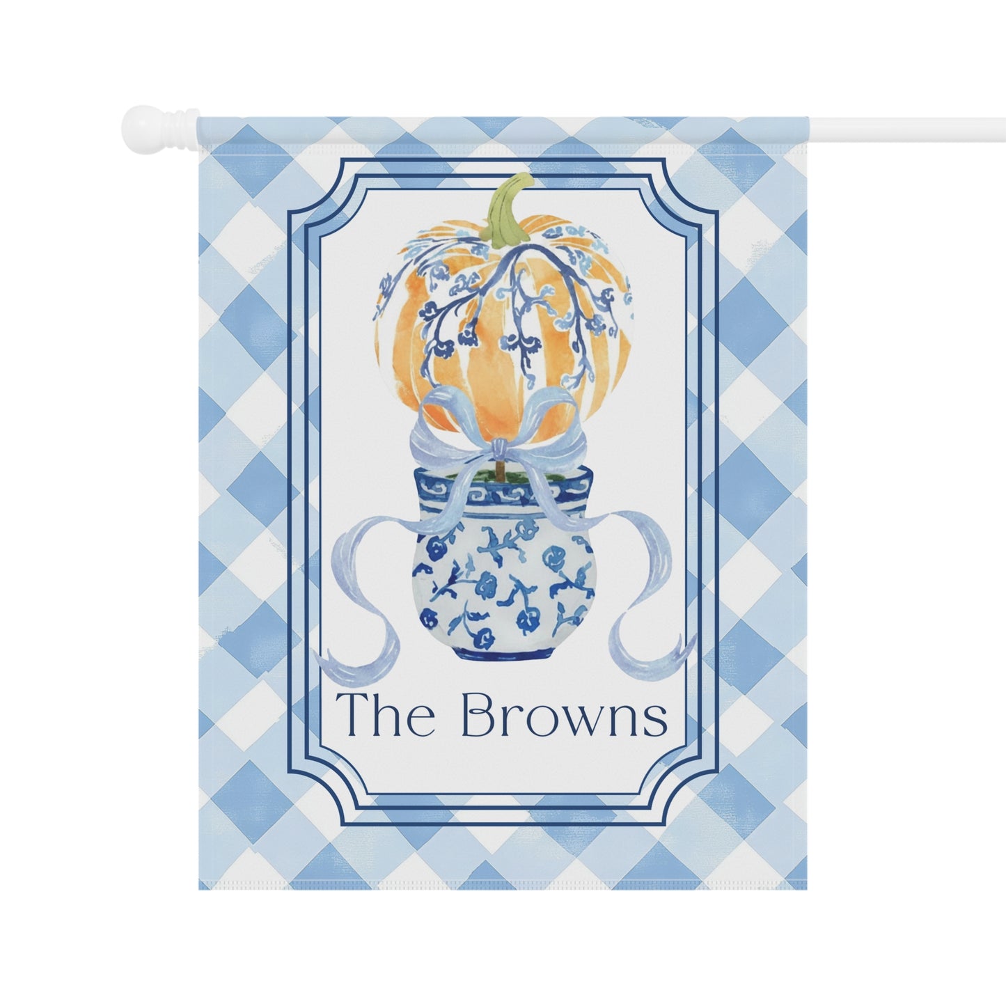 Blue Gingham Pumpkin in Blue Willow Vase Garden Flag | House Banner, Personalized Name