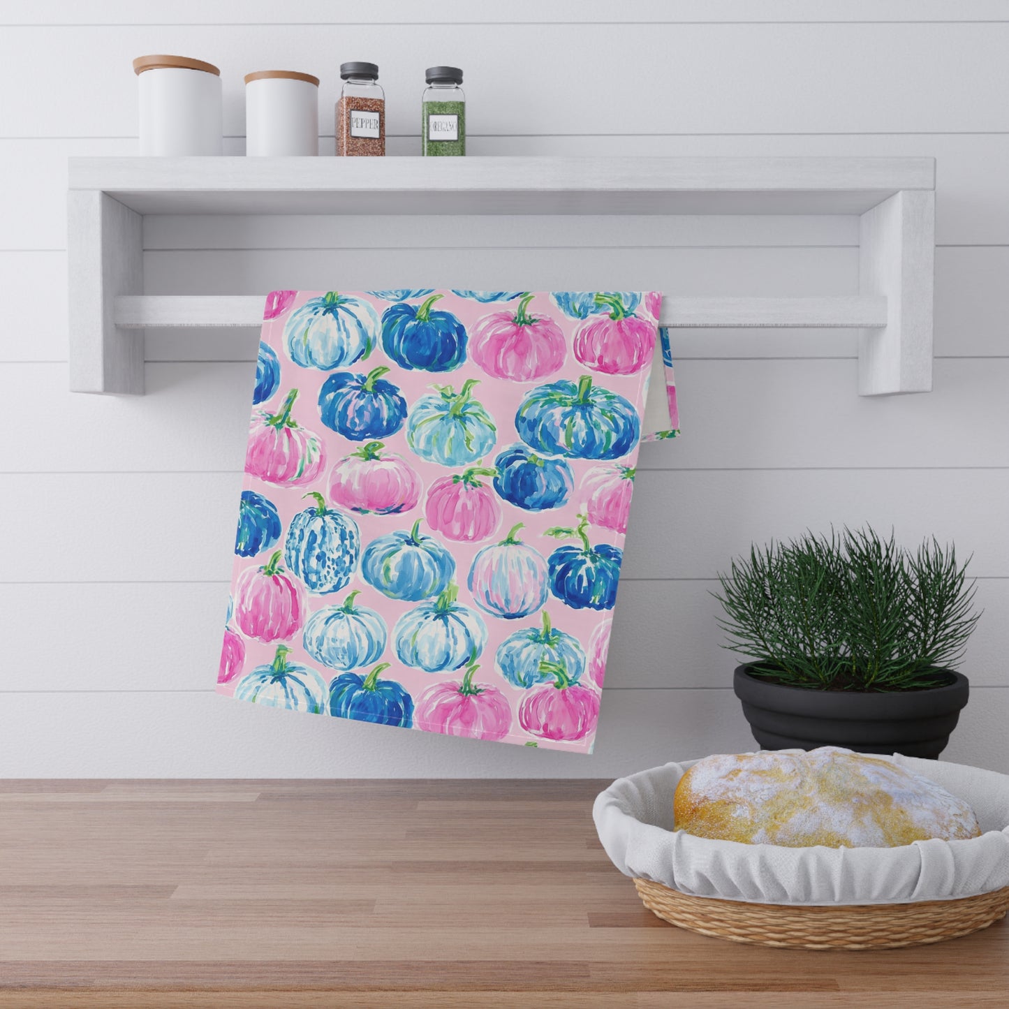 Watercolor Blue Pink Pumpkins Tea Towel | Fall Kitchen Decor