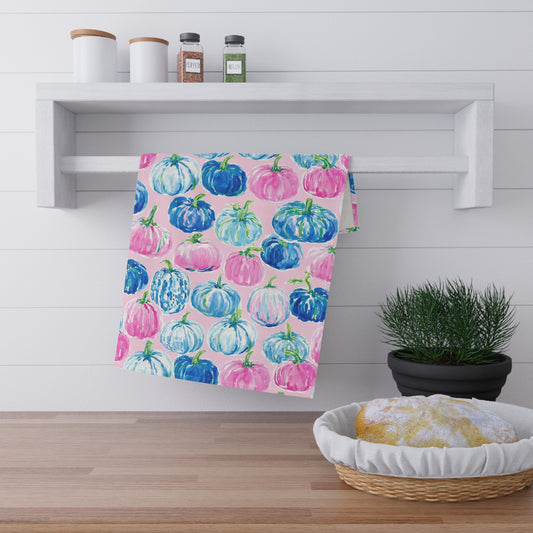Watercolor Blue Pink Pumpkins Tea Towel | Fall Kitchen Decor