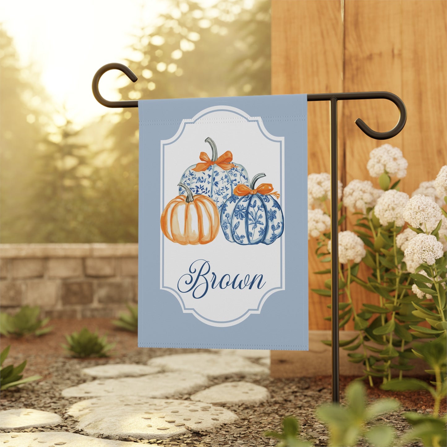 Blue Floral Pumpkins Garden Banner | Personalized Name Accent