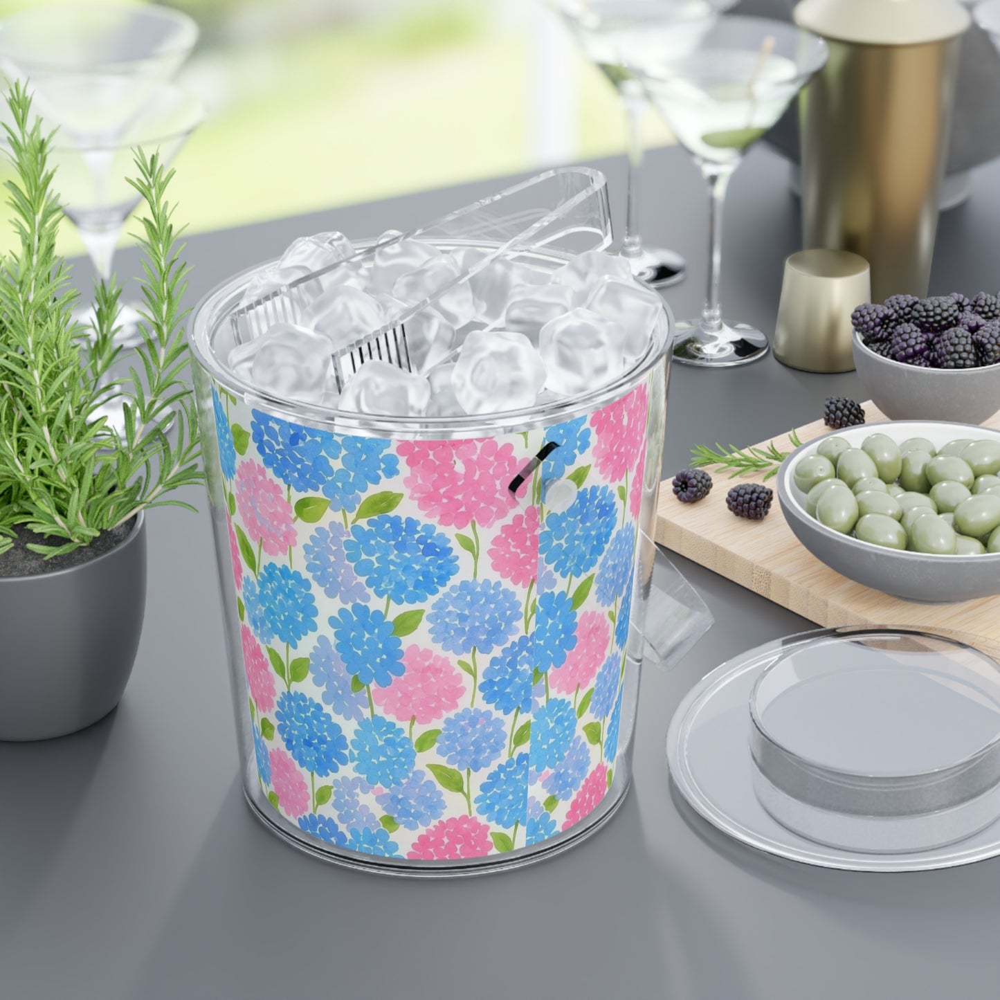 Hydrangea Pattern Ice Bucket with Tongs