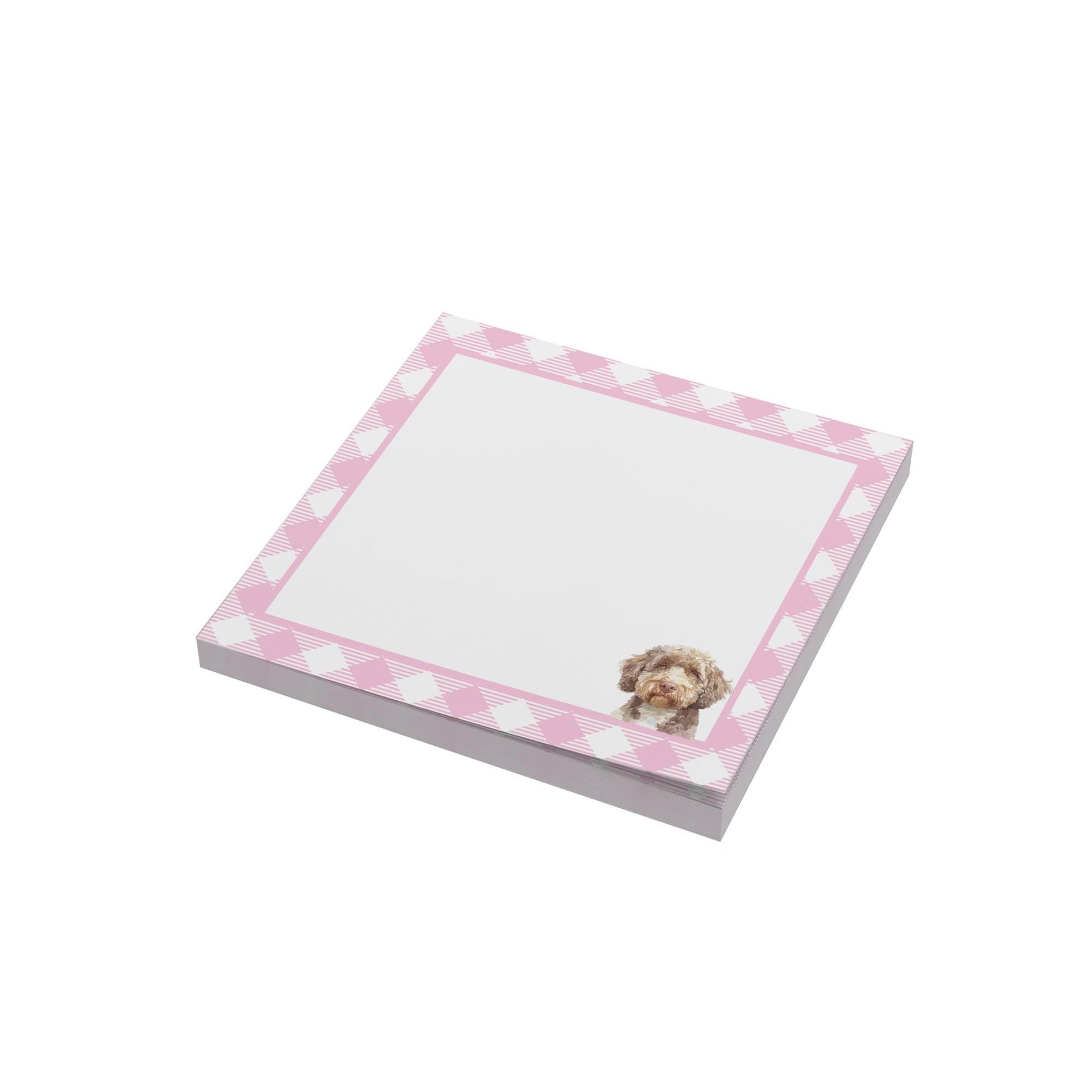 dog lover sticky notes with pink plaid border and cute labradoodle illustration in bottom right corner