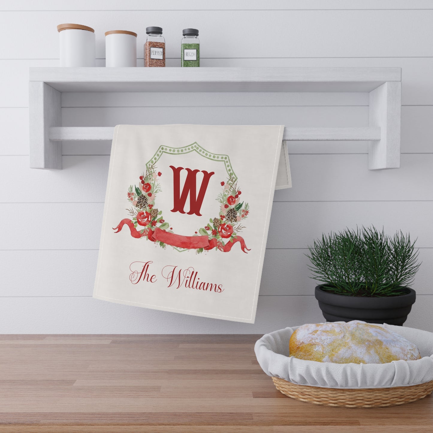 Floral Monogram W Tea Towel | Personalized Kitchen Towel