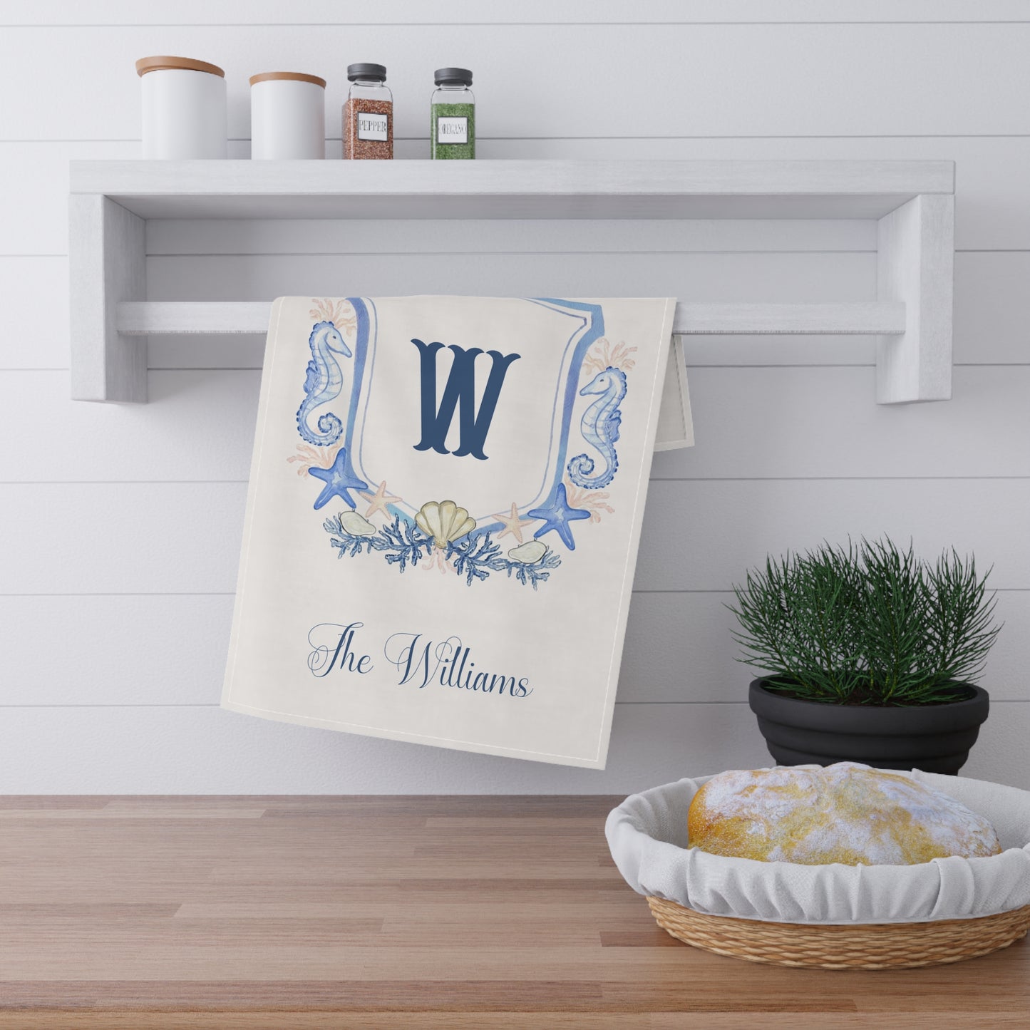 Nautical Seahorse Shield Monogram Tea Towel | Personalized Initial