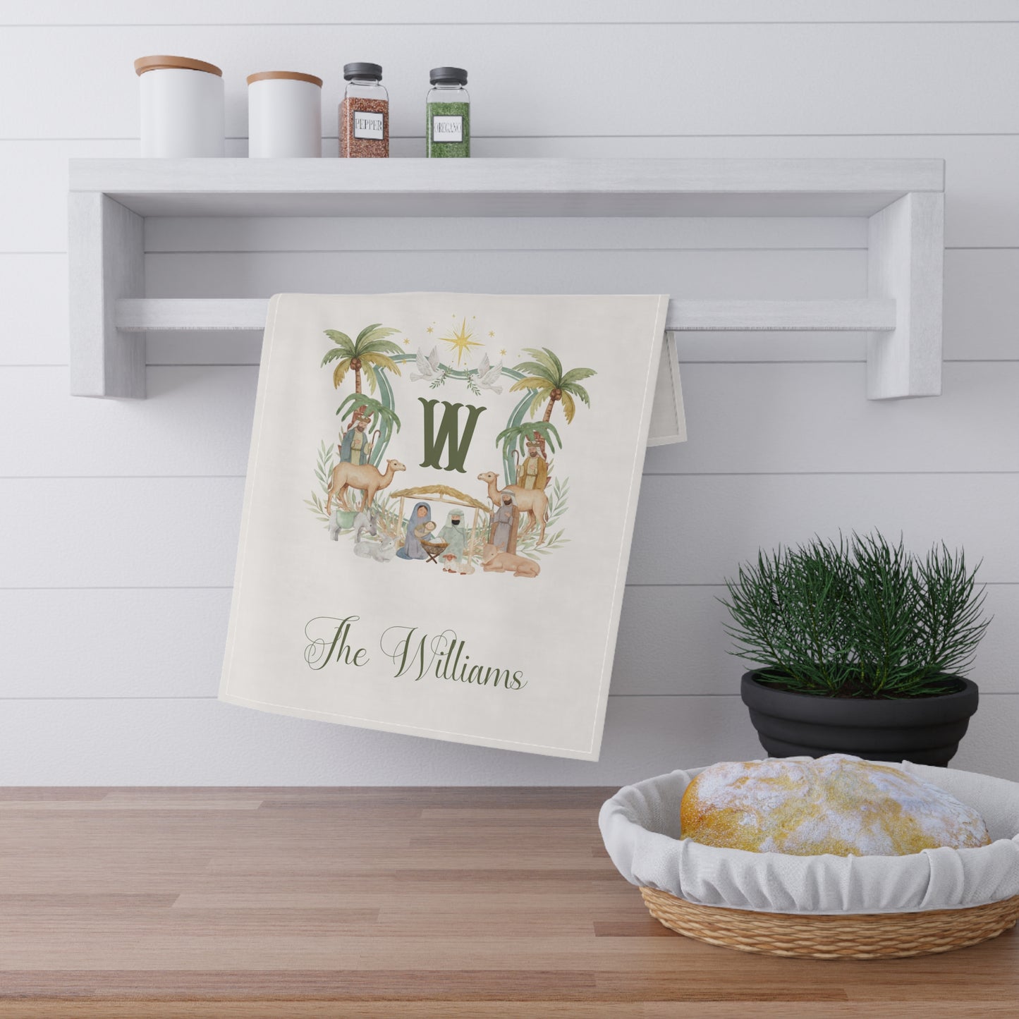 Coastal Monogram W Nativity Tea Towel | Personalized Williams