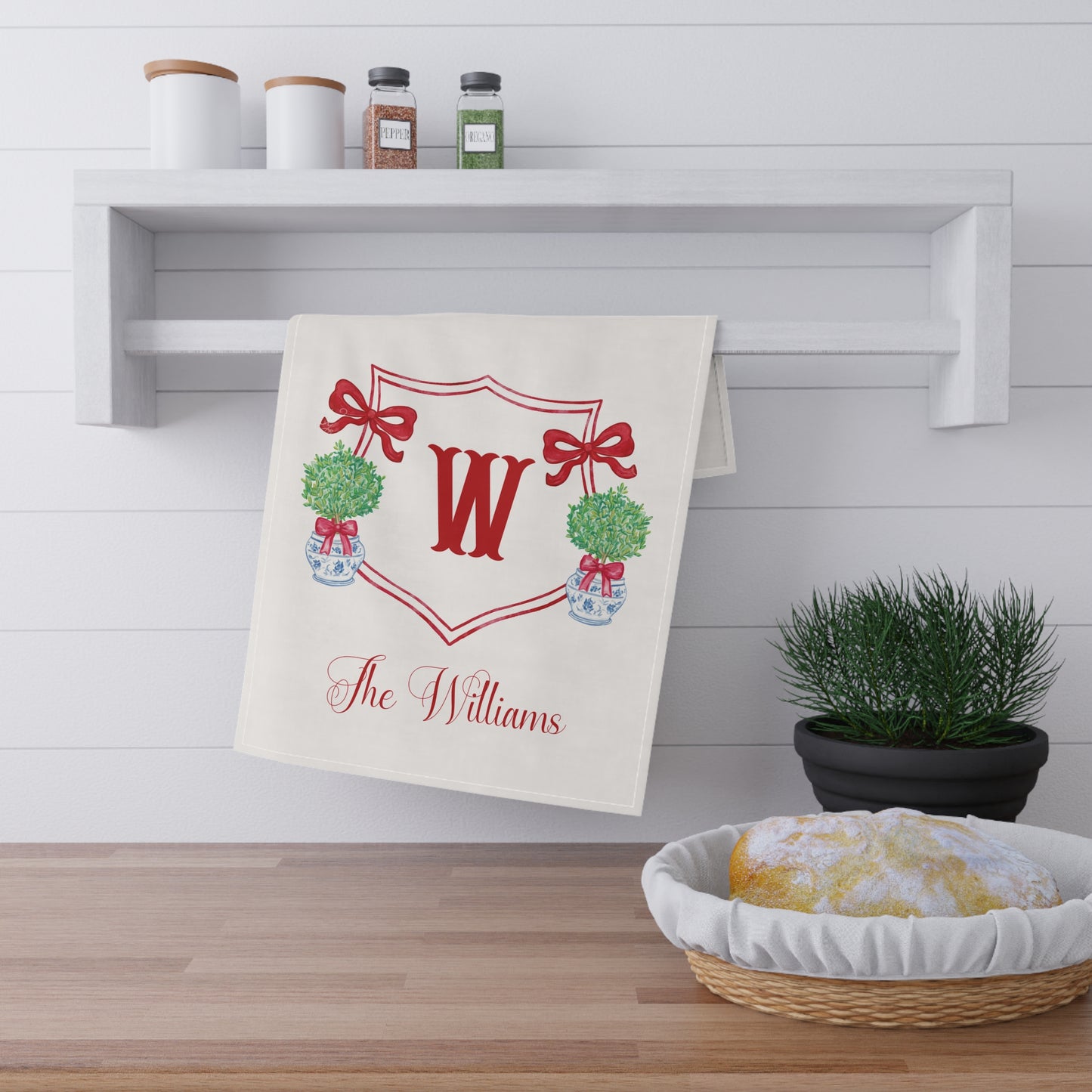 Monogram W with Topiary Shield Tea Towel | Personalized Kitchen Towel