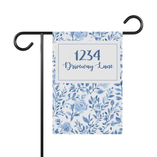 Blue and White Floral House Number Garden Flag