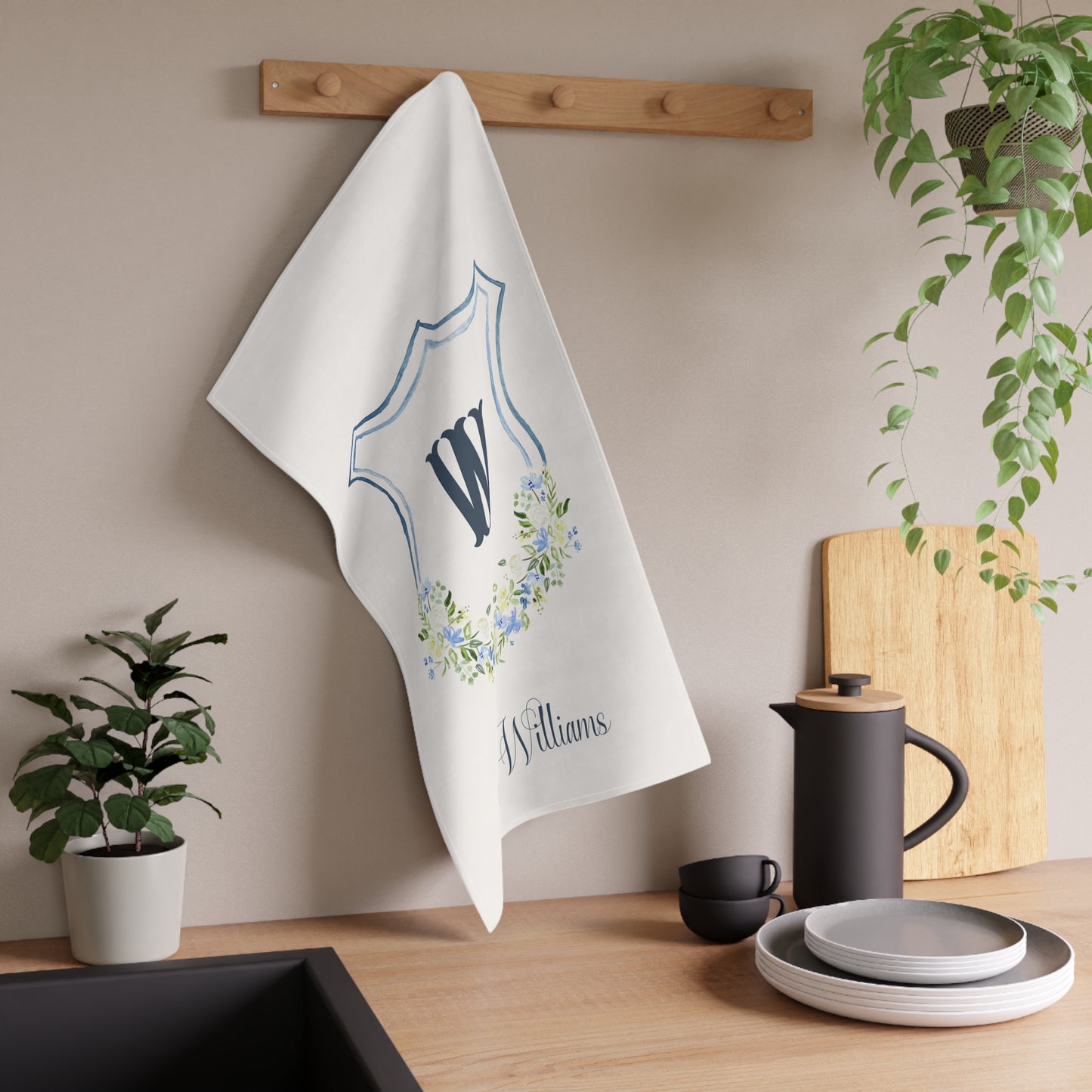 Monogram W Floral Wreath Tea Towel | Personalized Kitchen Towel
