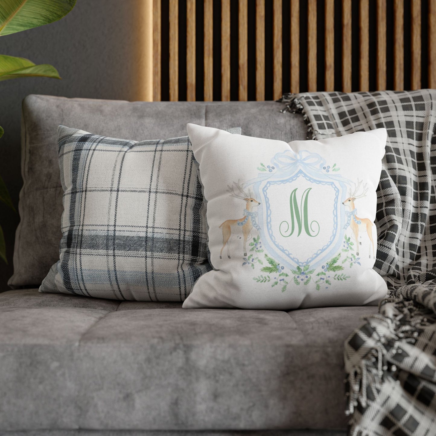Monogram M Crest Pillowcase, Deer Wreath Accent Pillowcase
