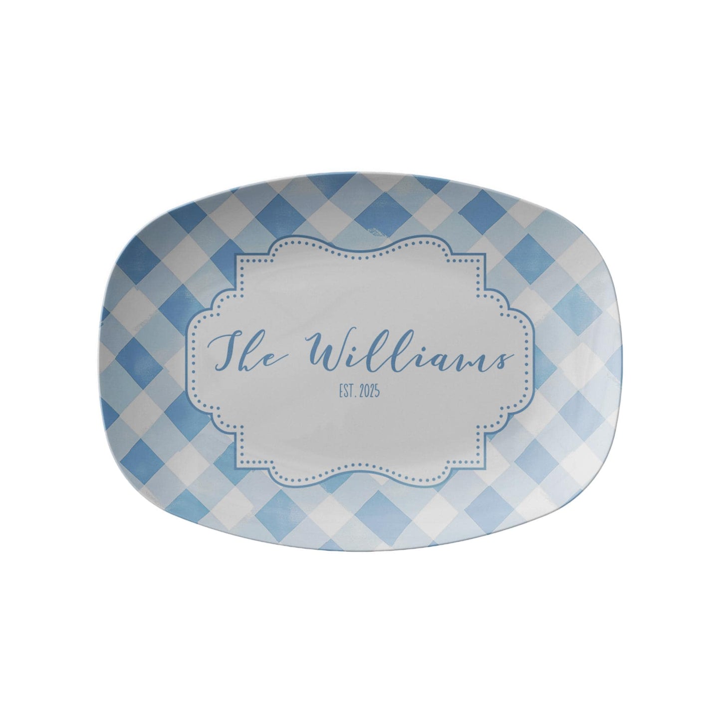 Blue Gingham Plaid Personalized Serving Platter