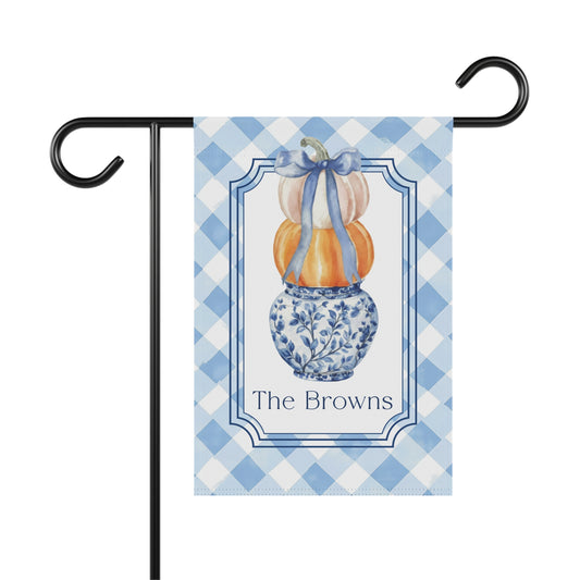 Blue Gingham Pumpkin Stack Garden Flag | House Banner