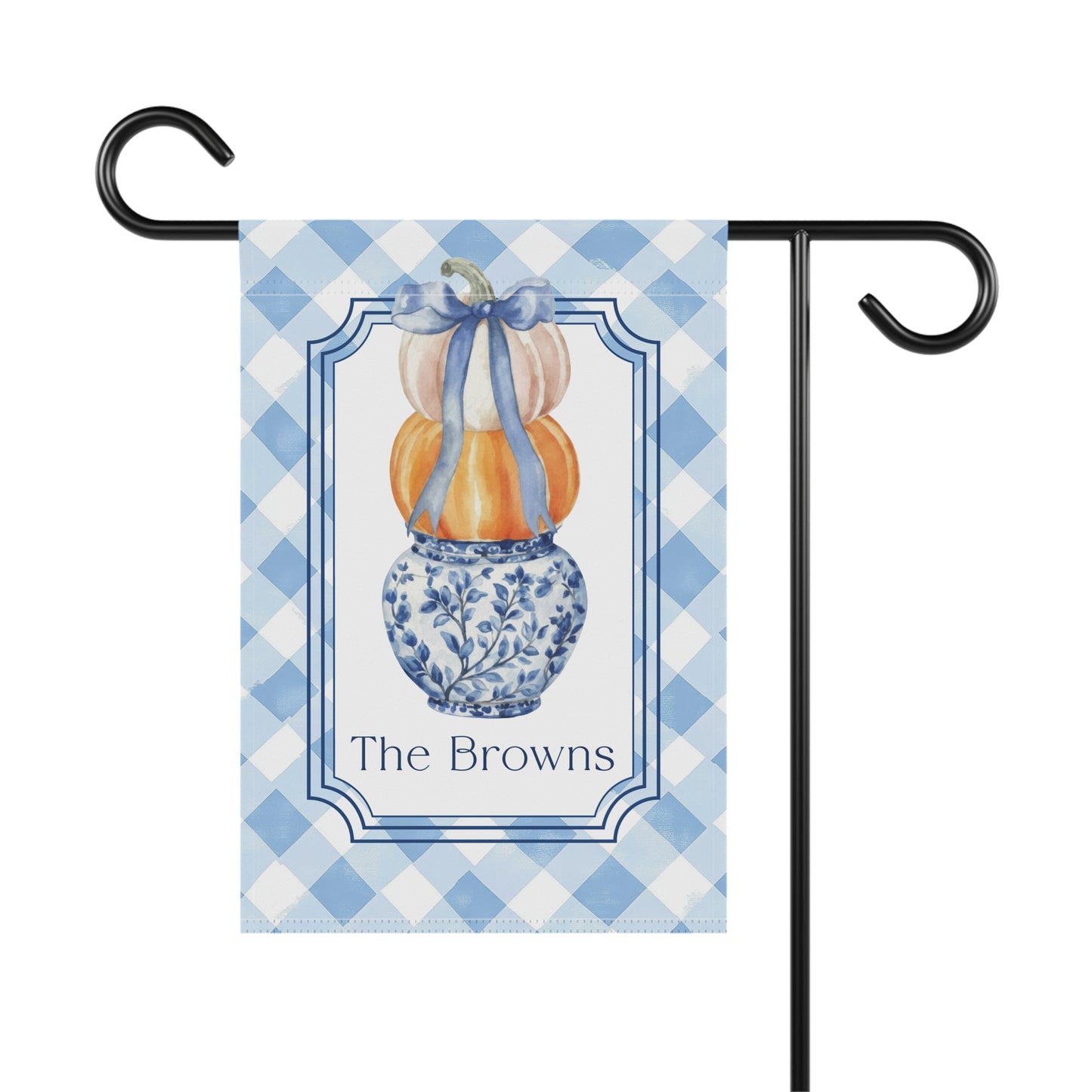 Blue Gingham Pumpkin Stack Garden Flag | House Banner