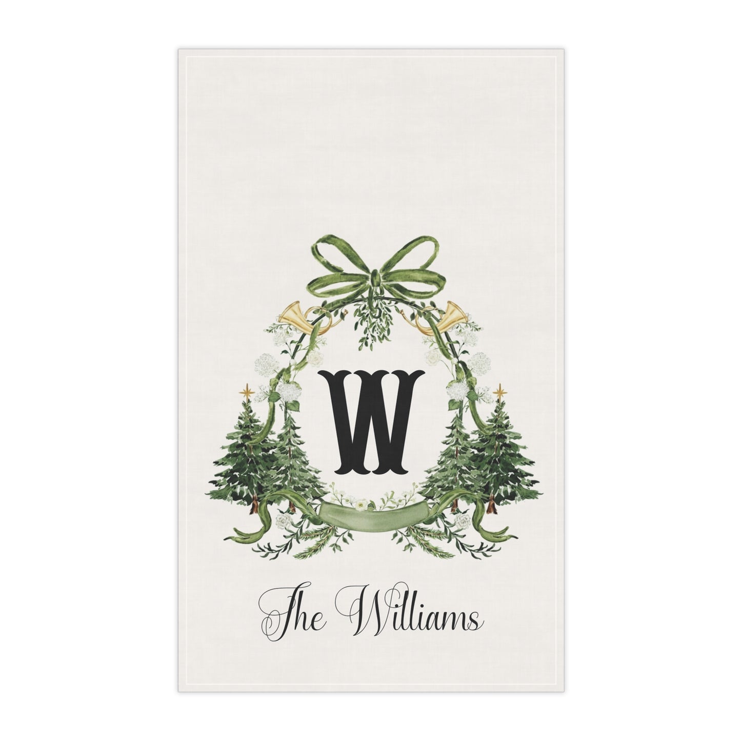 Monogram W Wreath Tea Towel | Personalized Christmas Kitchen Towel