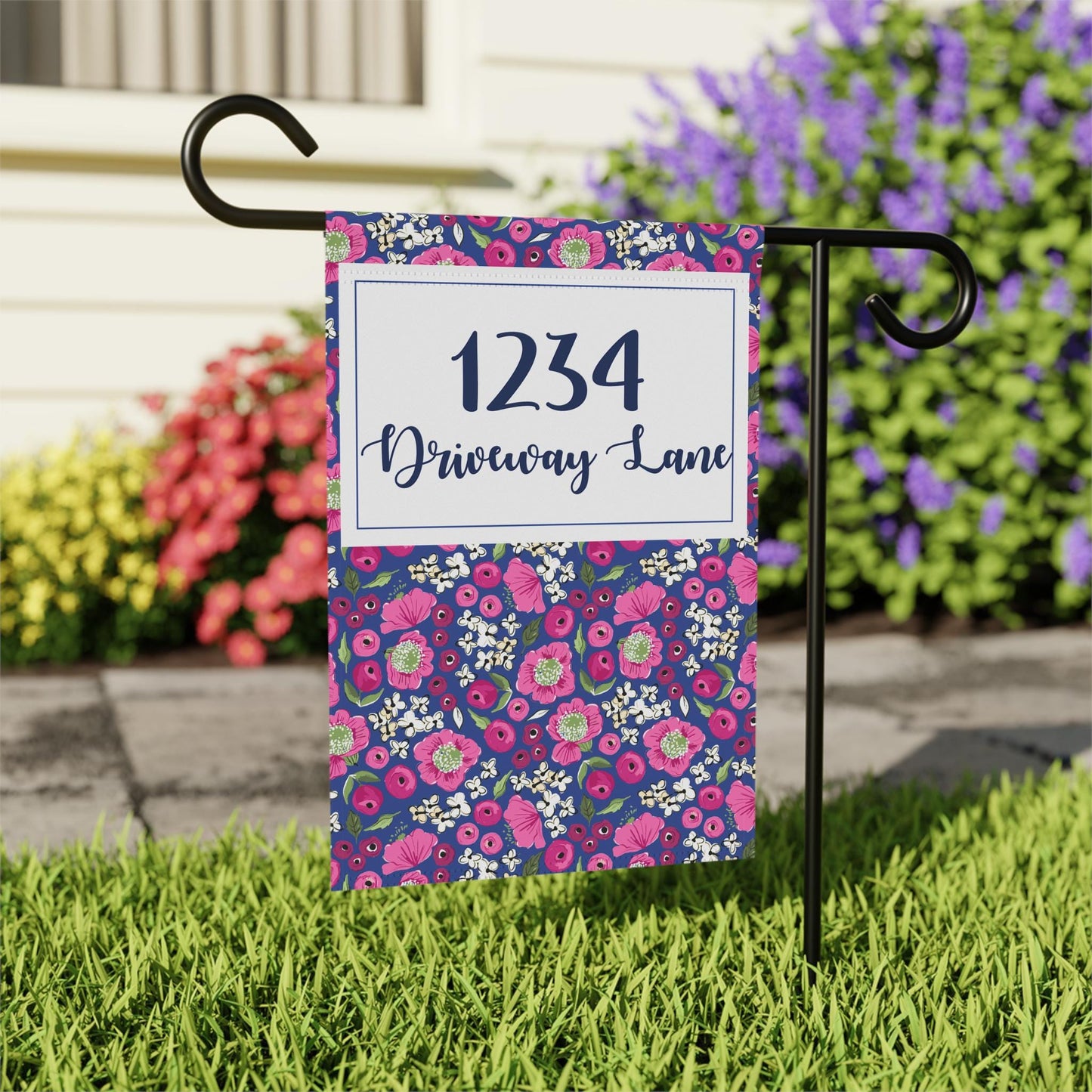 Bright Pink Floral Address Garden Flag