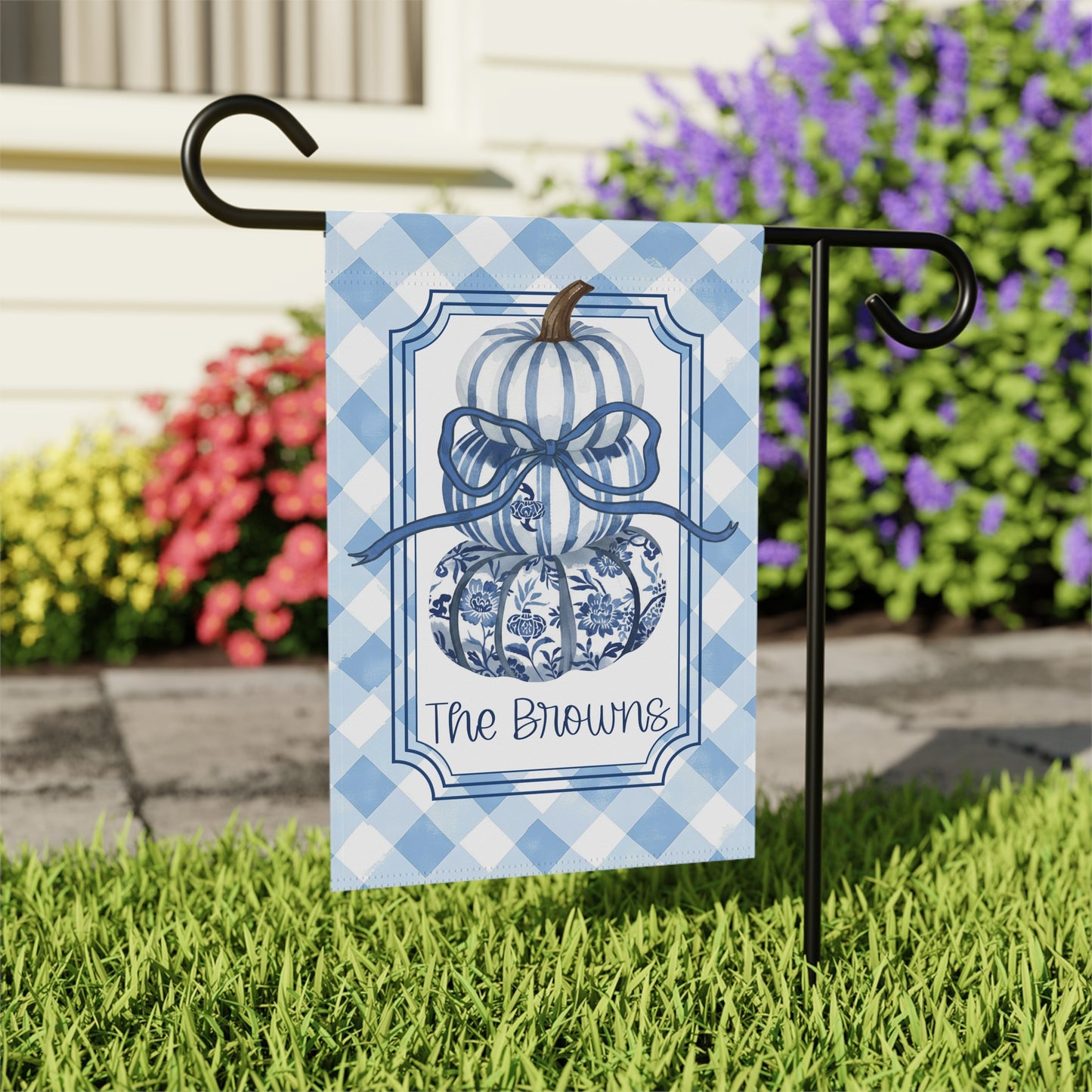 Blue Gingham Pumpkin with Bow Garden Flag | House Banner