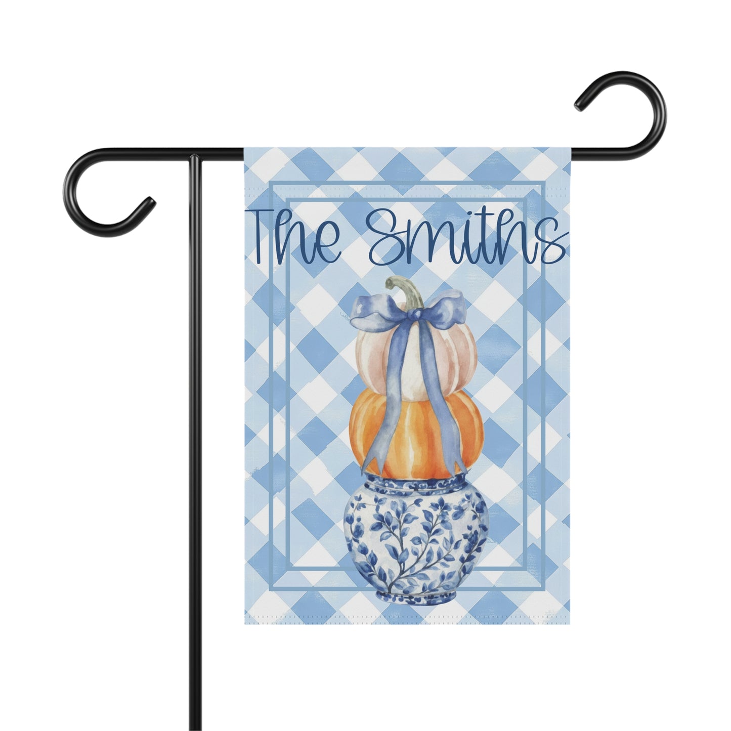 Blue Gingham Pumpkin Stack Garden Flag | Garden Banner