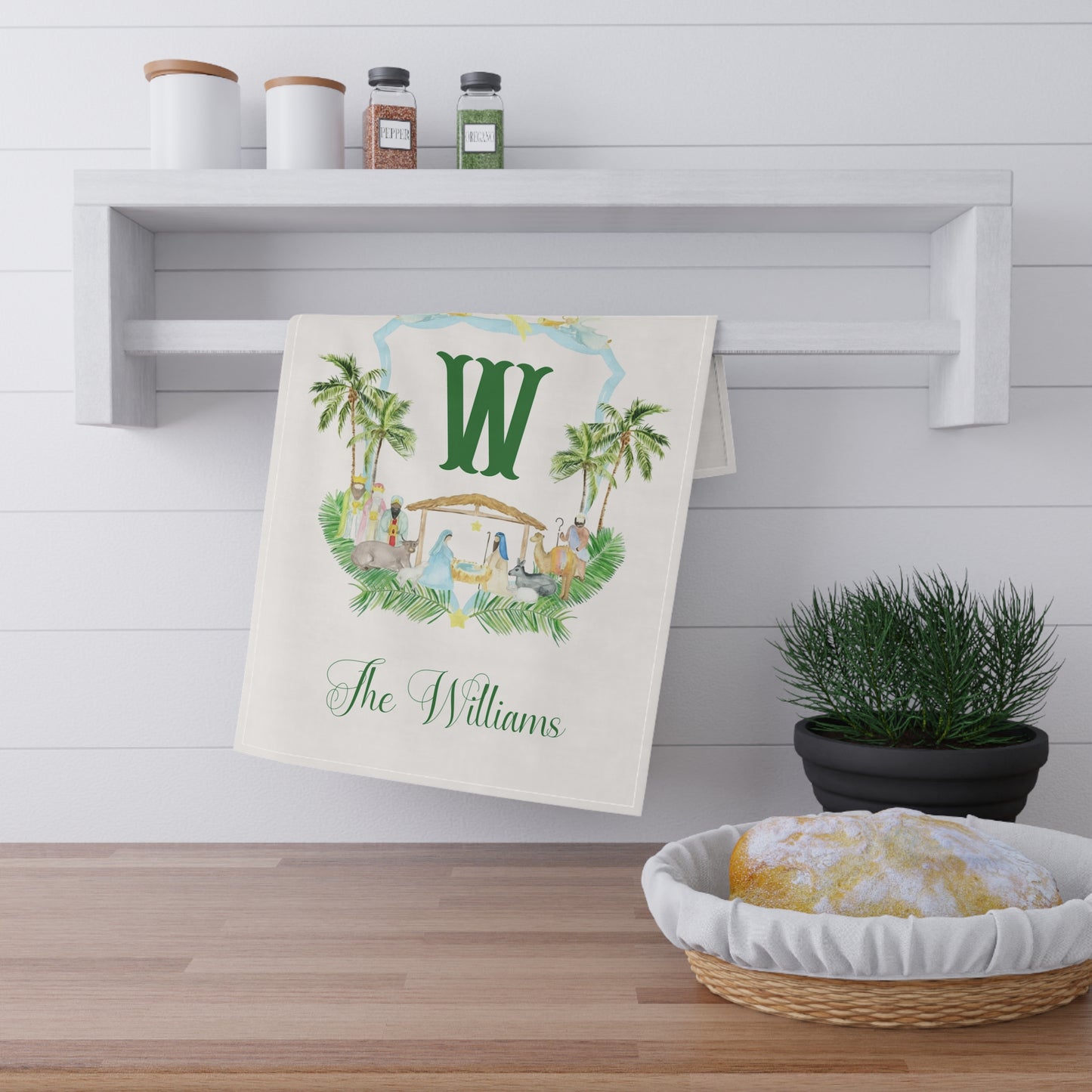 Monogram W Palm Crest Tea Towel | Personalized Kitchen Towel
