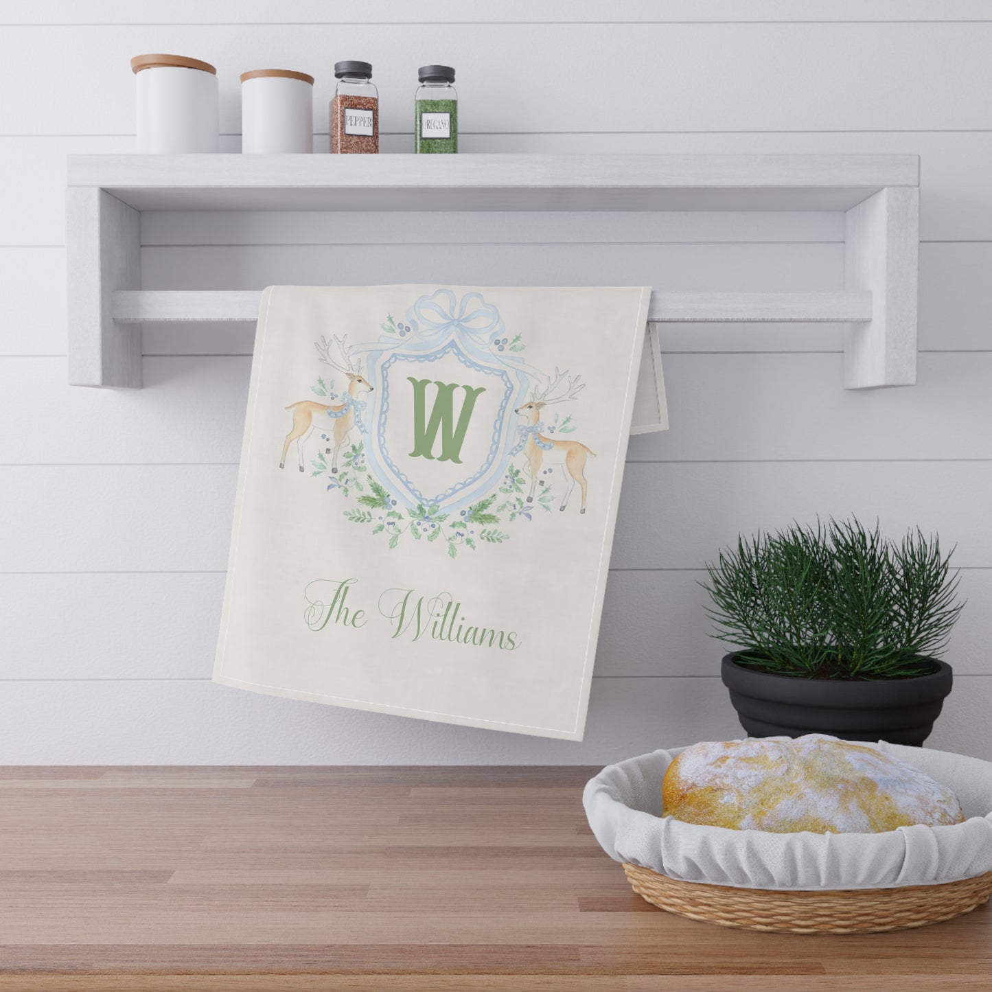 Monogram W Crest with Deer Tea Towel | Personalized Kitchen Towel
